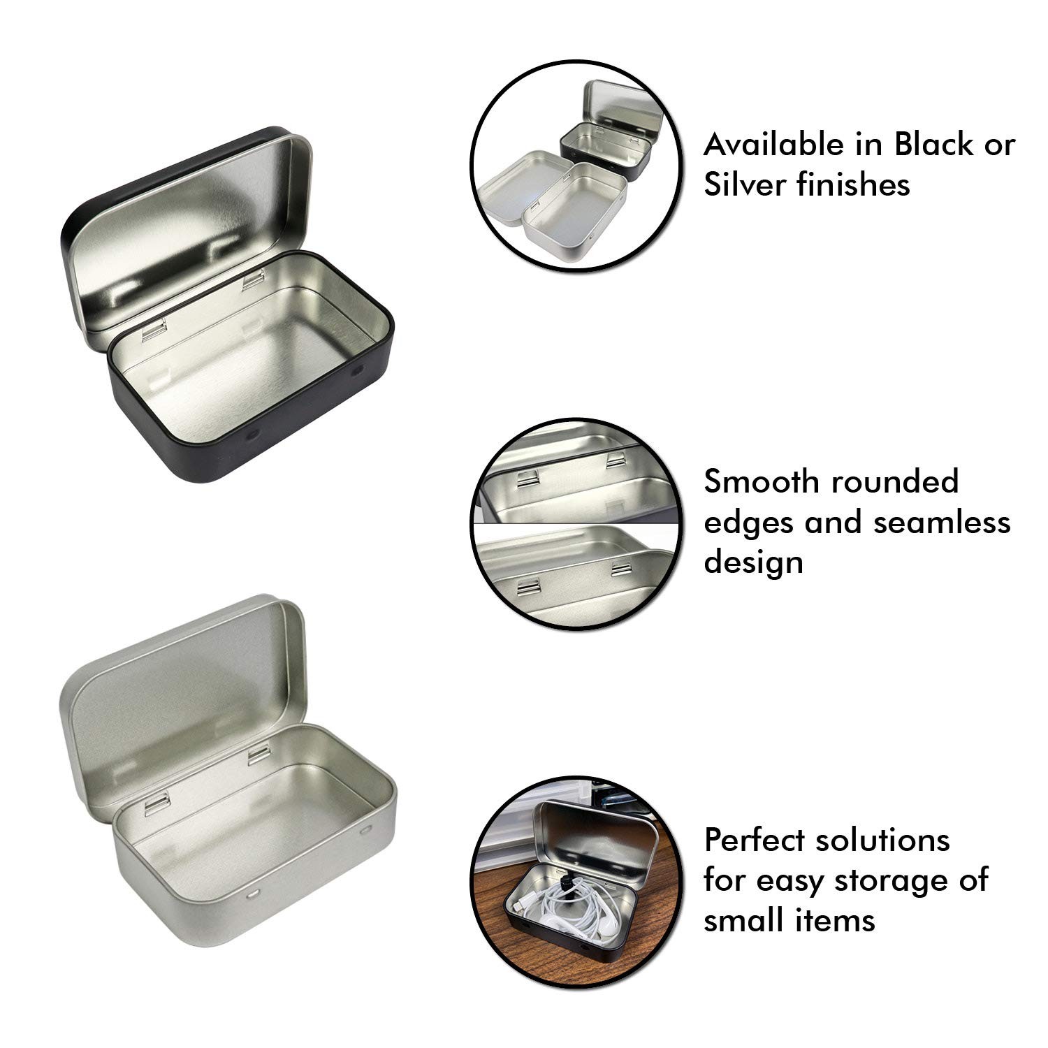 Silver Metal Rectangular Empty Hinged Tin Box 3.75×2.45×0.8 Inch 10 PCS