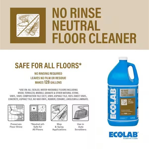 2 Pack ECOLAB 1 Gal. No Rinse Neutral Floor Cleaner, Concentrate, Residue Free