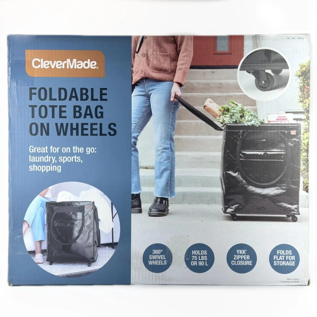 CleverMade Foldable Tote Bag W/Wheels 24x18x14″ Utility Cart 90L/75LBS