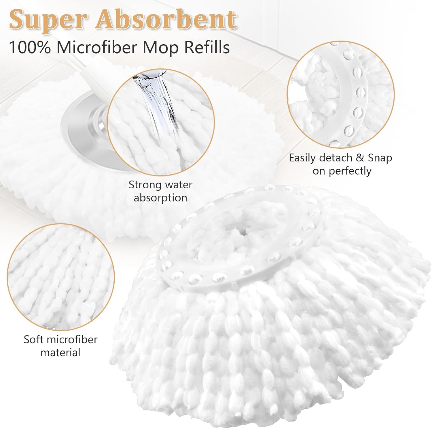 6 Pack Spin Mop Replacement Head for 360° Spin Mop System, Standard Size Round