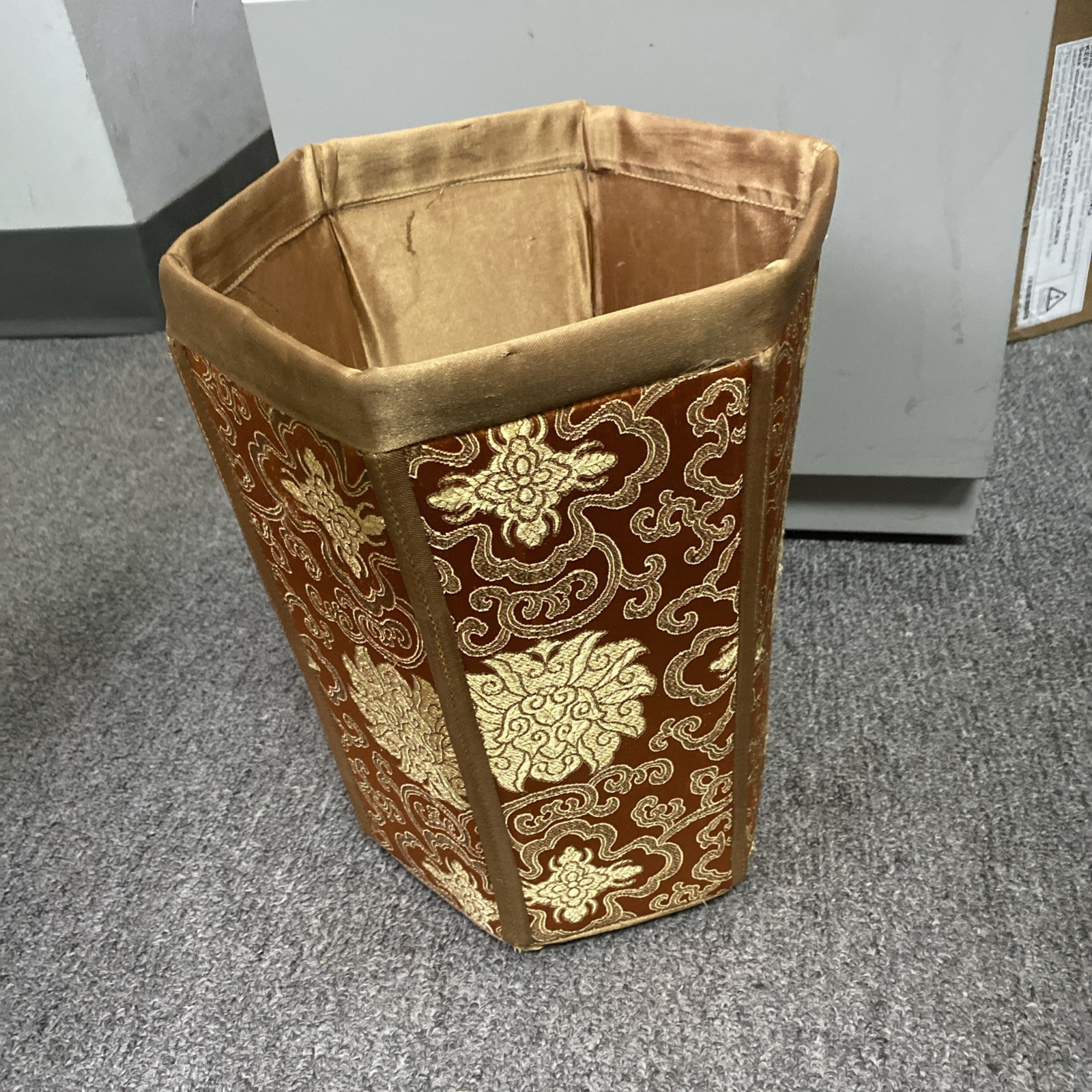 VTG Chinese Silk Brocade Hexagonal Waste paper Trash Basket Mcm 11.5x9x8″