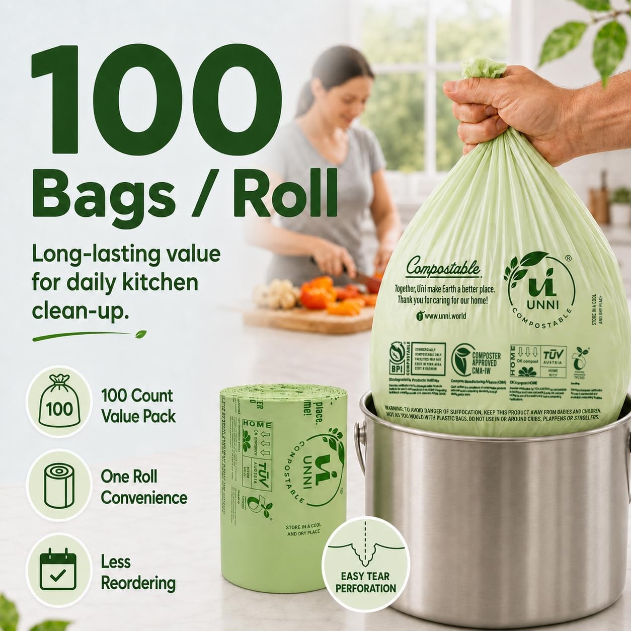 Compostable Trash Bags, 4 Gallon / 15 Liter, 100 Count, Extra Thick 0.75 mil Sma