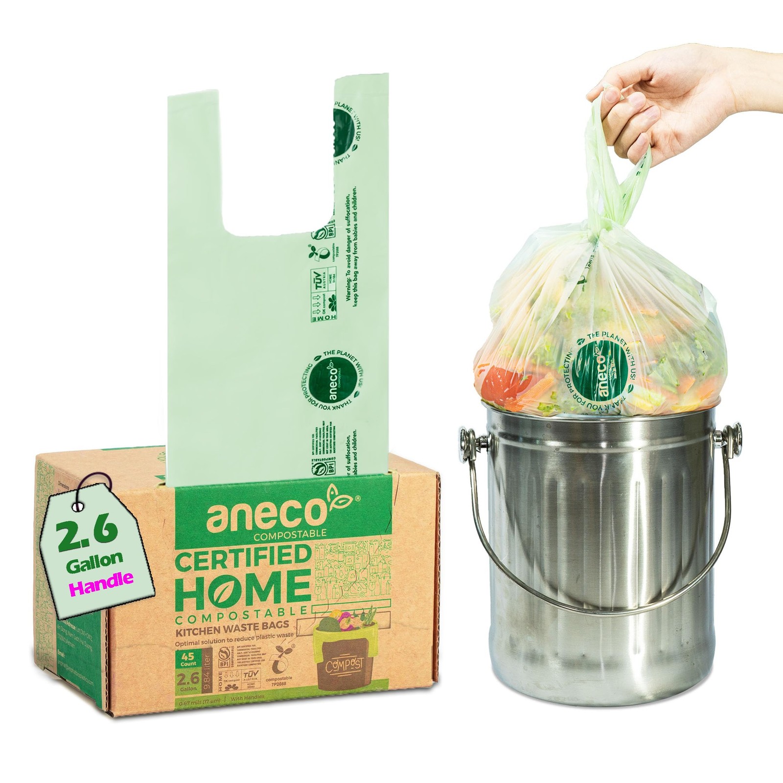 ANECO 100% Compostable Food Waste Bags 2.6 Gallon With Handles, 45 Count