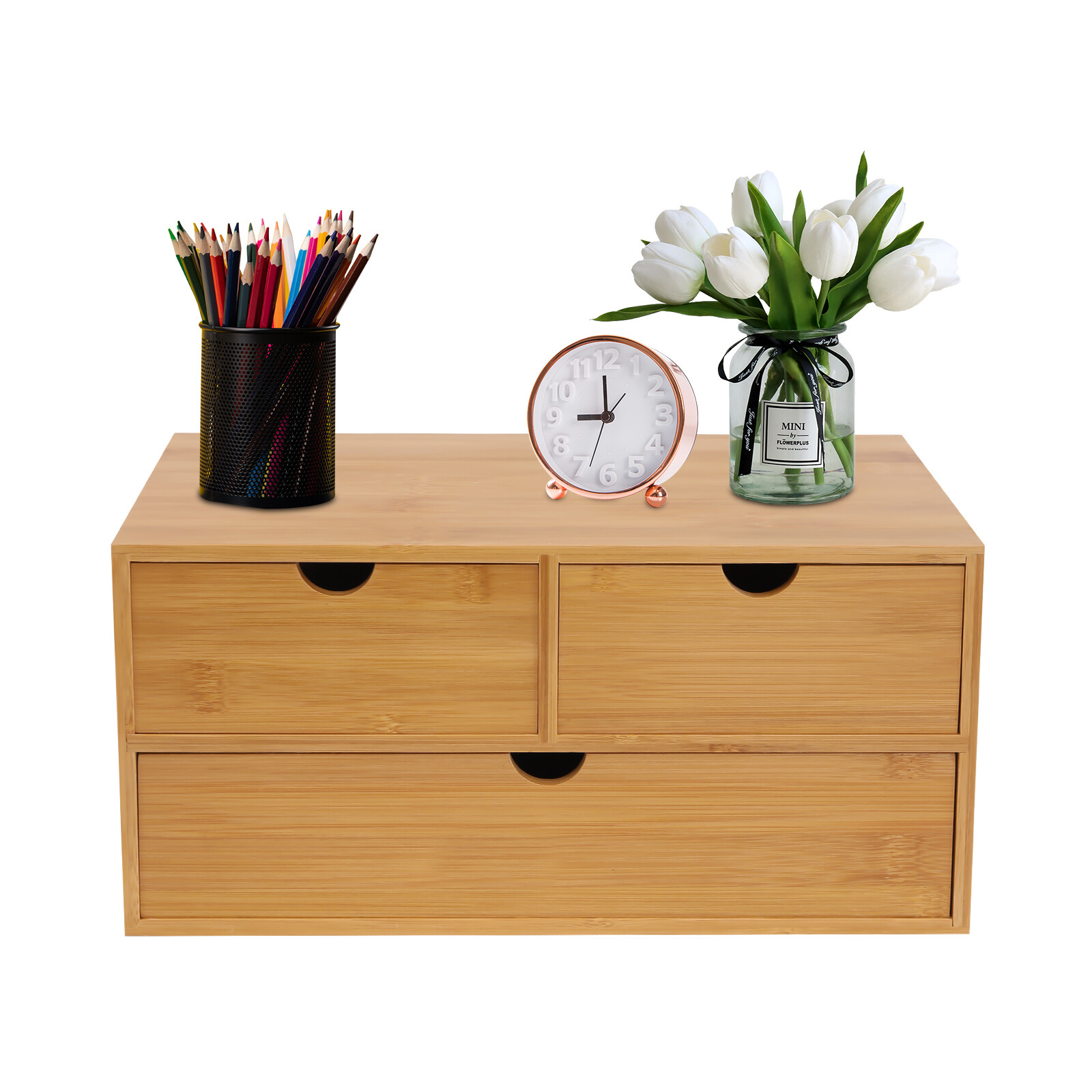 Bamboo Desk Organizer with 3 Drawers, Tabletop Storage Box No Assembly Required