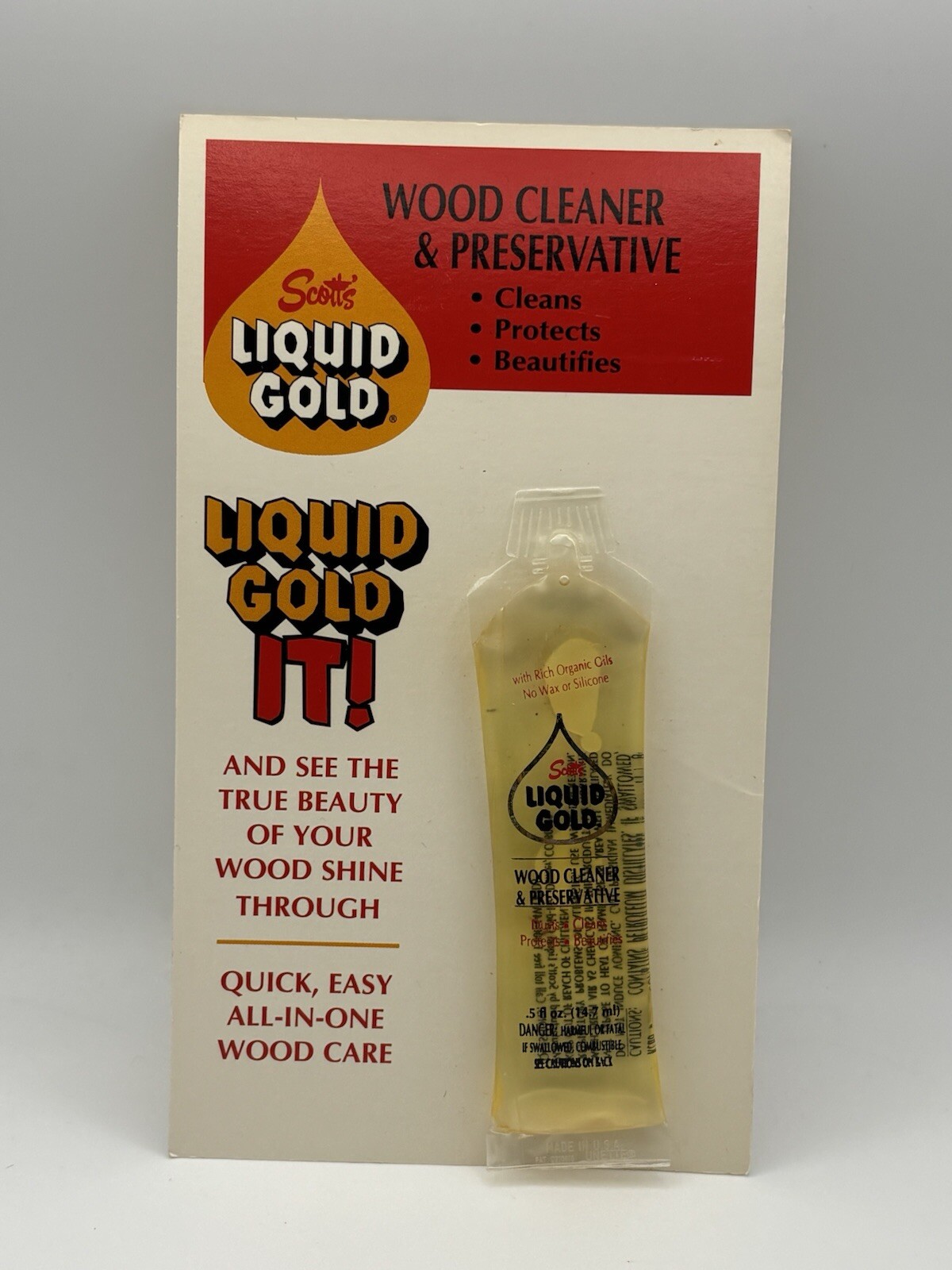 Vintage Scott’s Liquid Gold Salesman Sample 0.5 Oz Cardback New Unused Wood