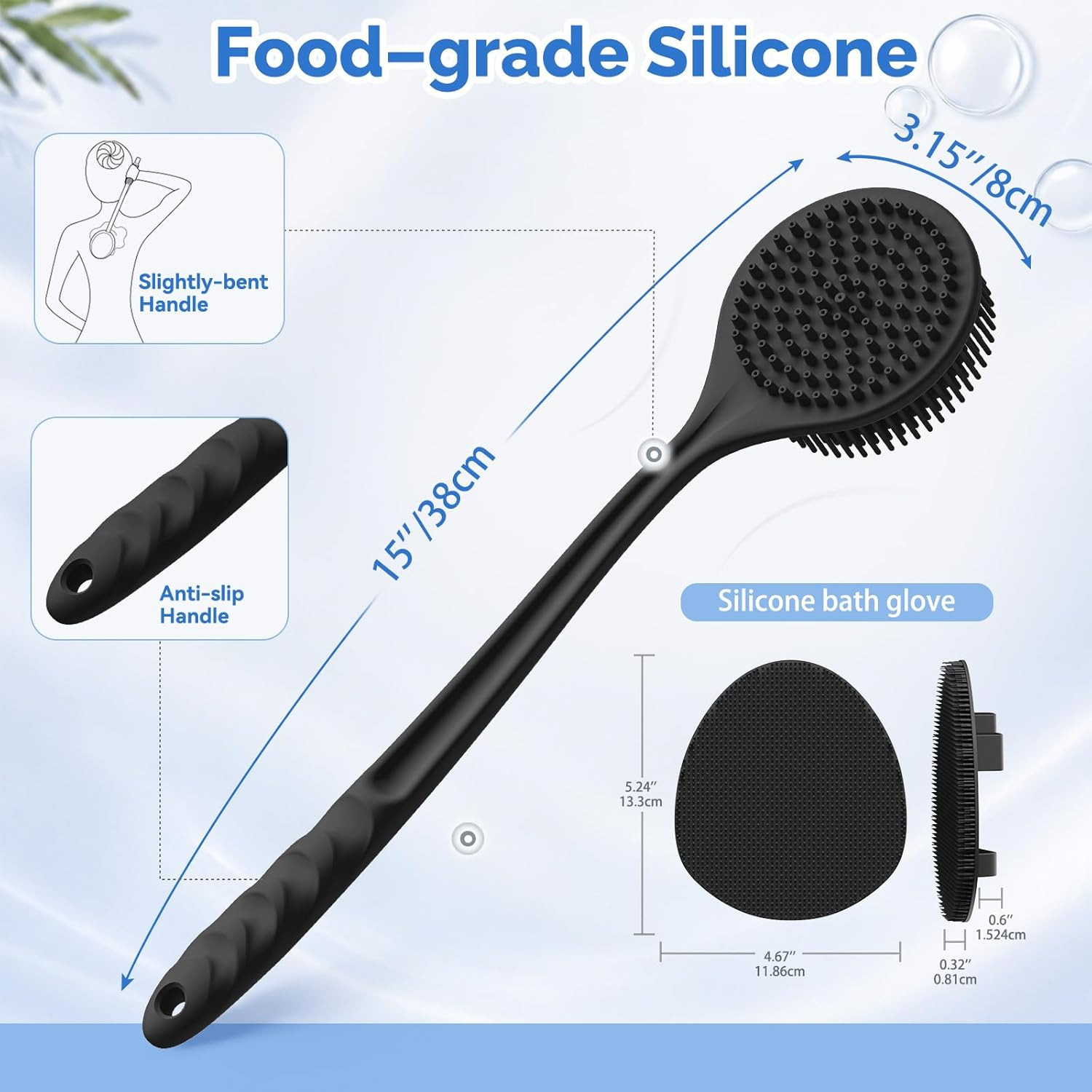 Manmihealth Silicone Back Scrubber (Thin Bristles) & Shower Face Brush Set(3Pcs)