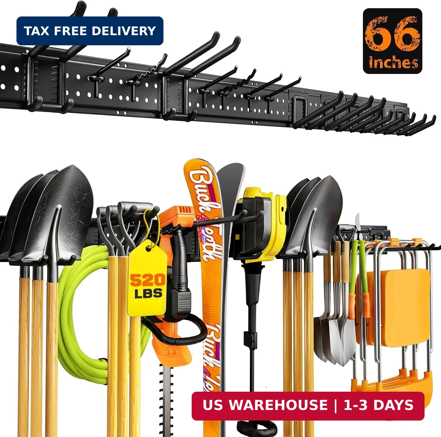 Garage Tool Organizer Wall Mount 66 inches with 13 Adjustable Heavy-Duty Hooks,