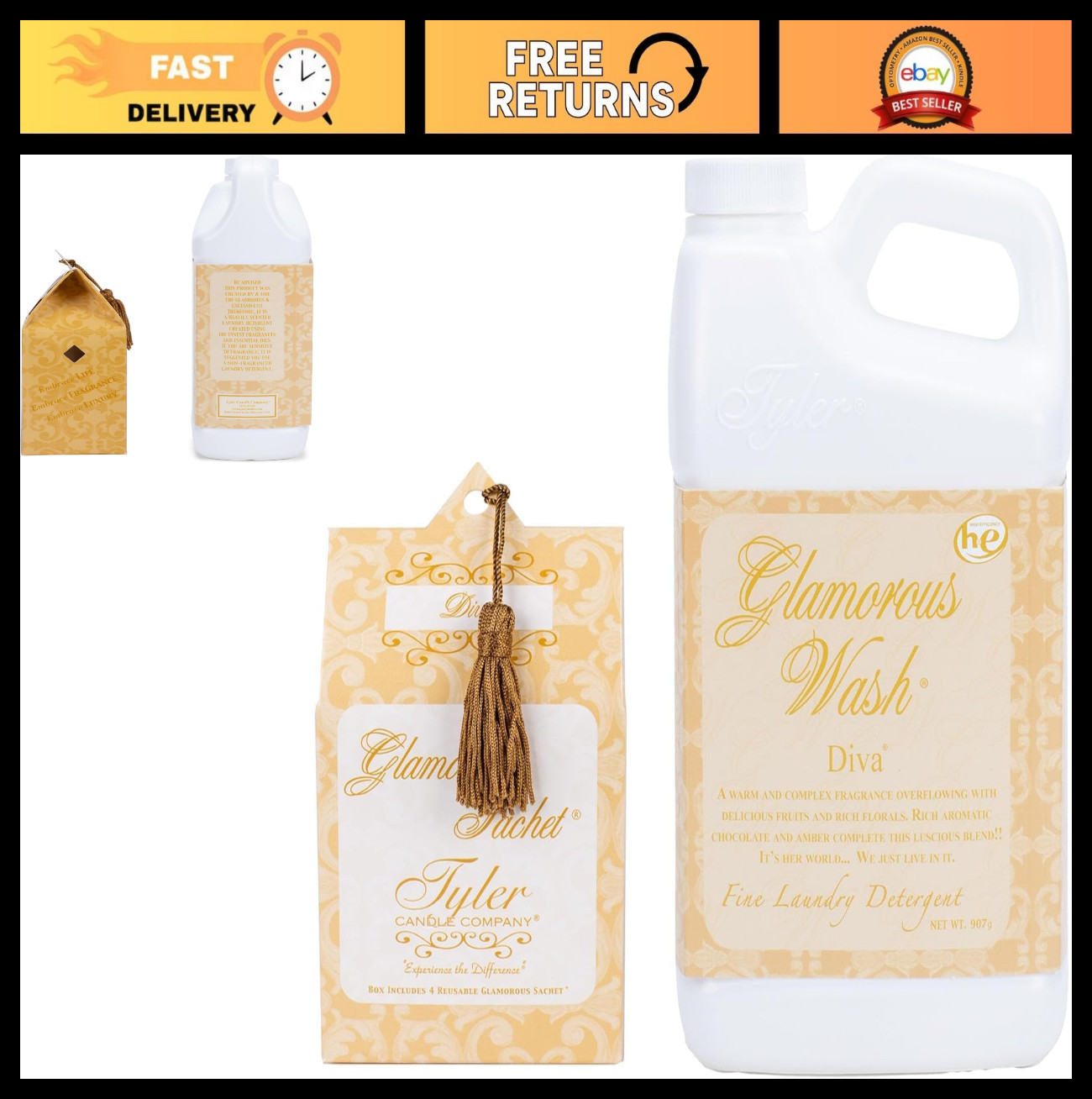 Glamorous Wash Liquid Laundry Detergent, Diva Scent, 907g + Dryer Sachets