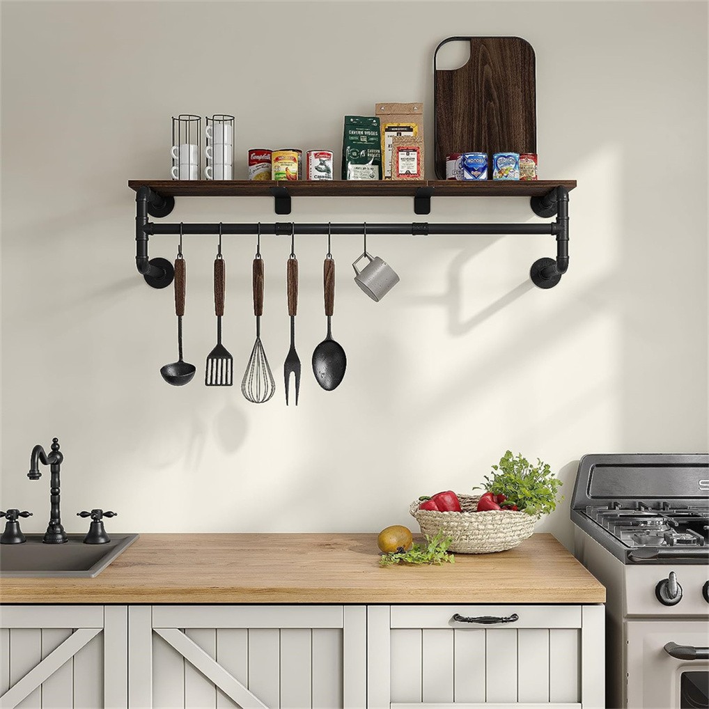 Clothes Rack w/ Top Shelf Industrial Pipe Wall Mounted Garment Rack Hanging Rail