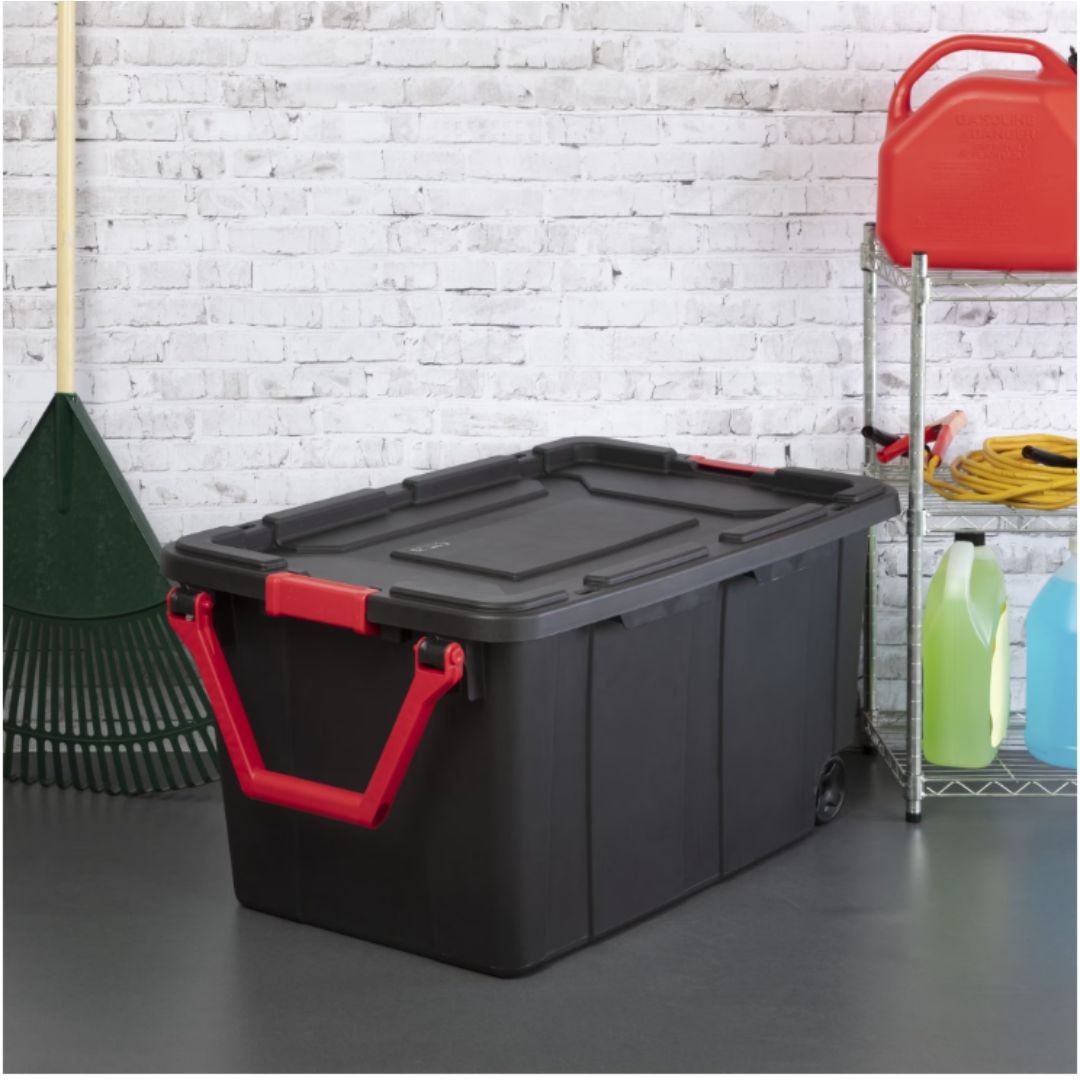 (2 Pack) Sterilite 40 Gallon Wheeled Storage Tote Black Latching Lid Pull Handle