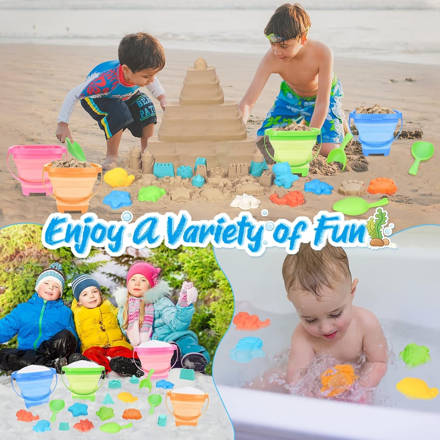 Beach Toys with 4 Collapsible Buckets, Sand Molds for Kids 3-12 | 2 Mesh Bags,