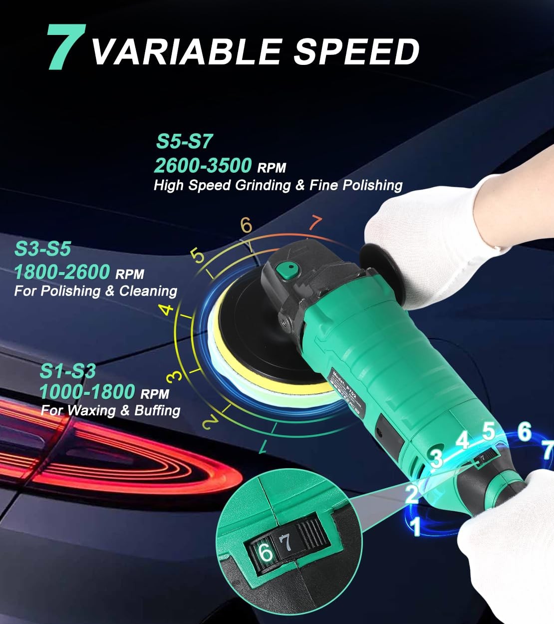1600W 7 Inch Car Buffer Polisher Kit with 7 Speeds, UltraLong Cord, Copper