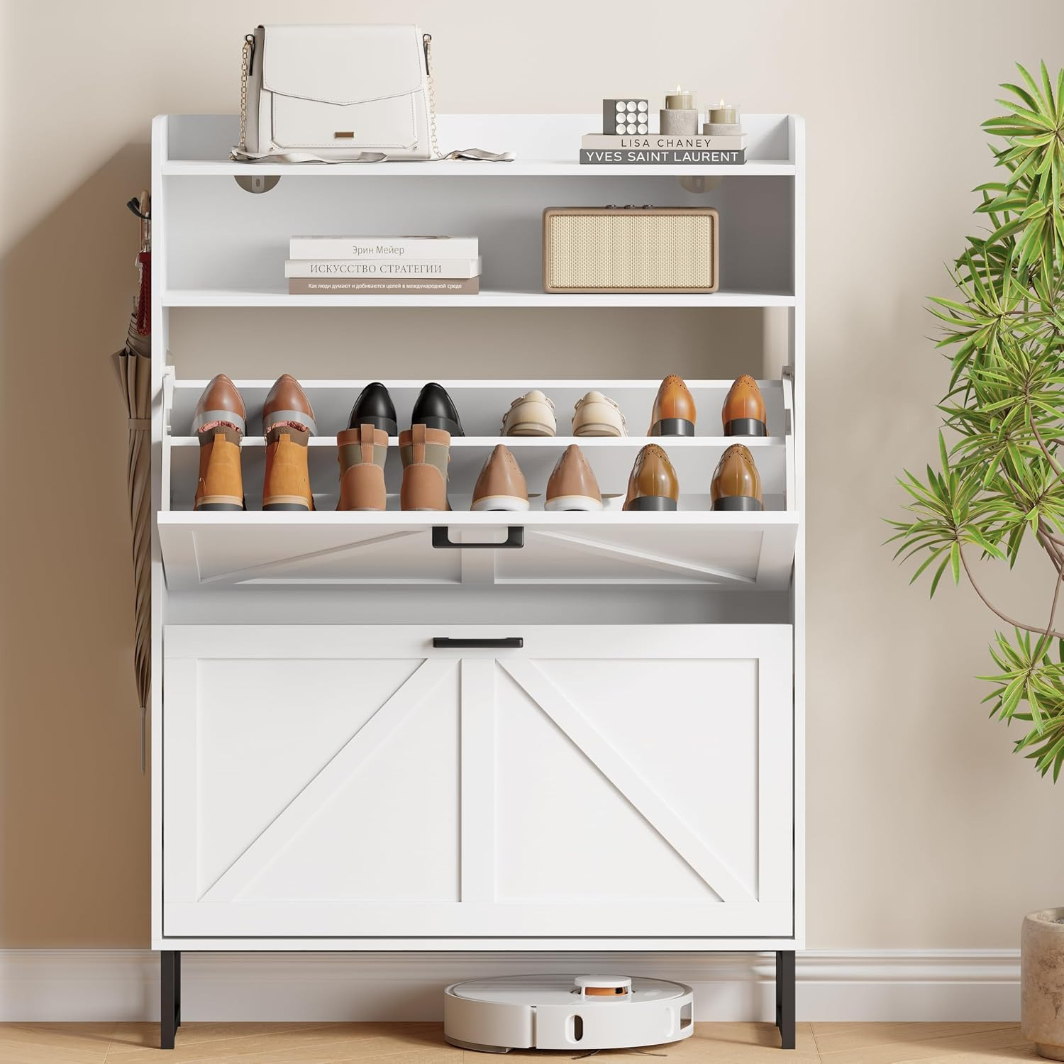 Shoe Cabinet with 2 Flip Drawers, Freestanding Hidden Shoe Storage Organizer for