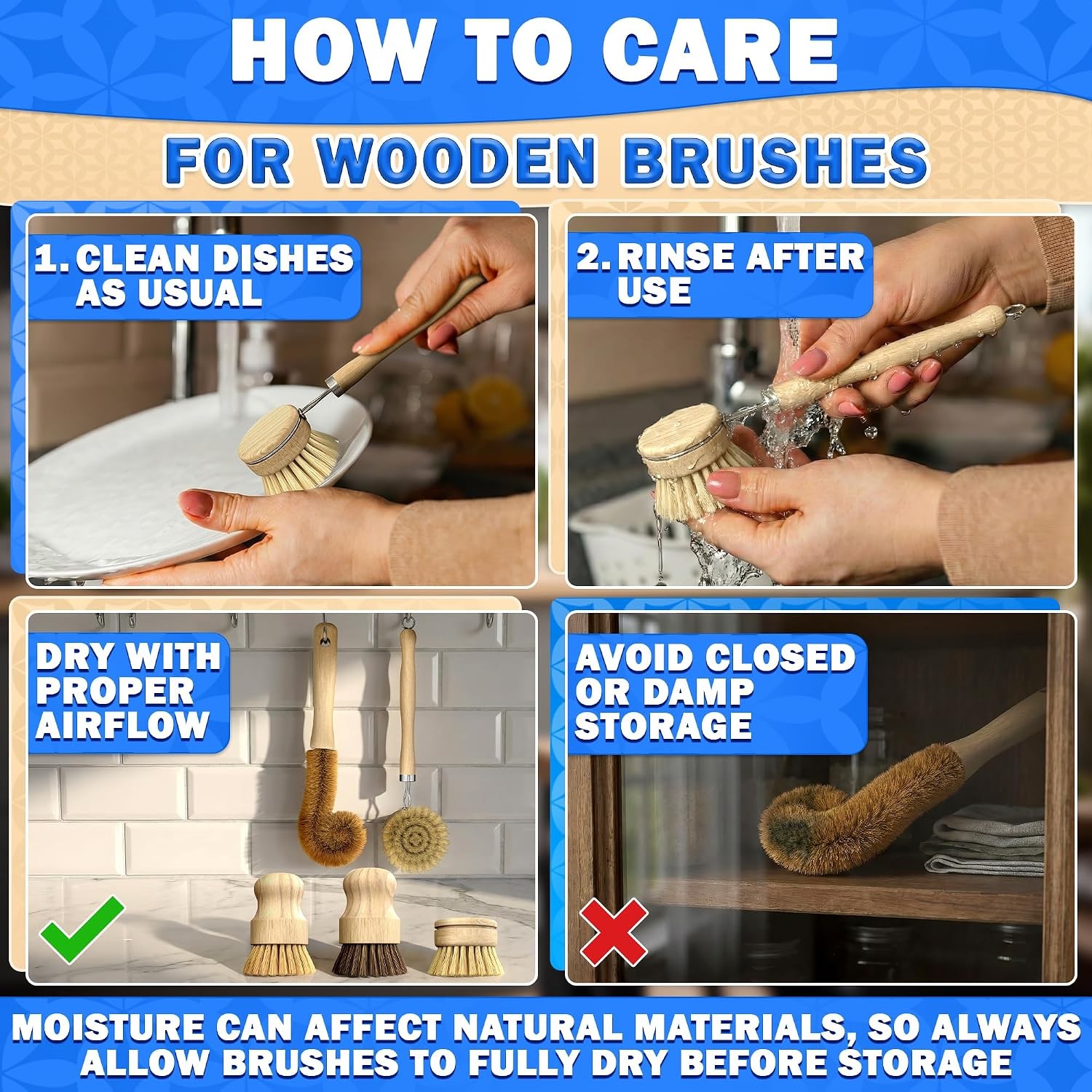 5 Pcs Bamboo Dish Brush Set, Non-Scratch Bristles, Replacement Head | Bamboo