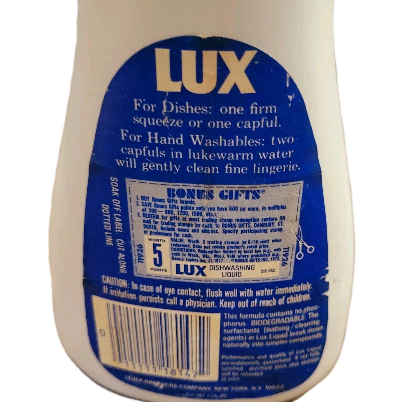 Vintage Lever LUX Mild Dishwashing Liquid 22 oz 1980s Dishwash Soap 13 Cents NEW