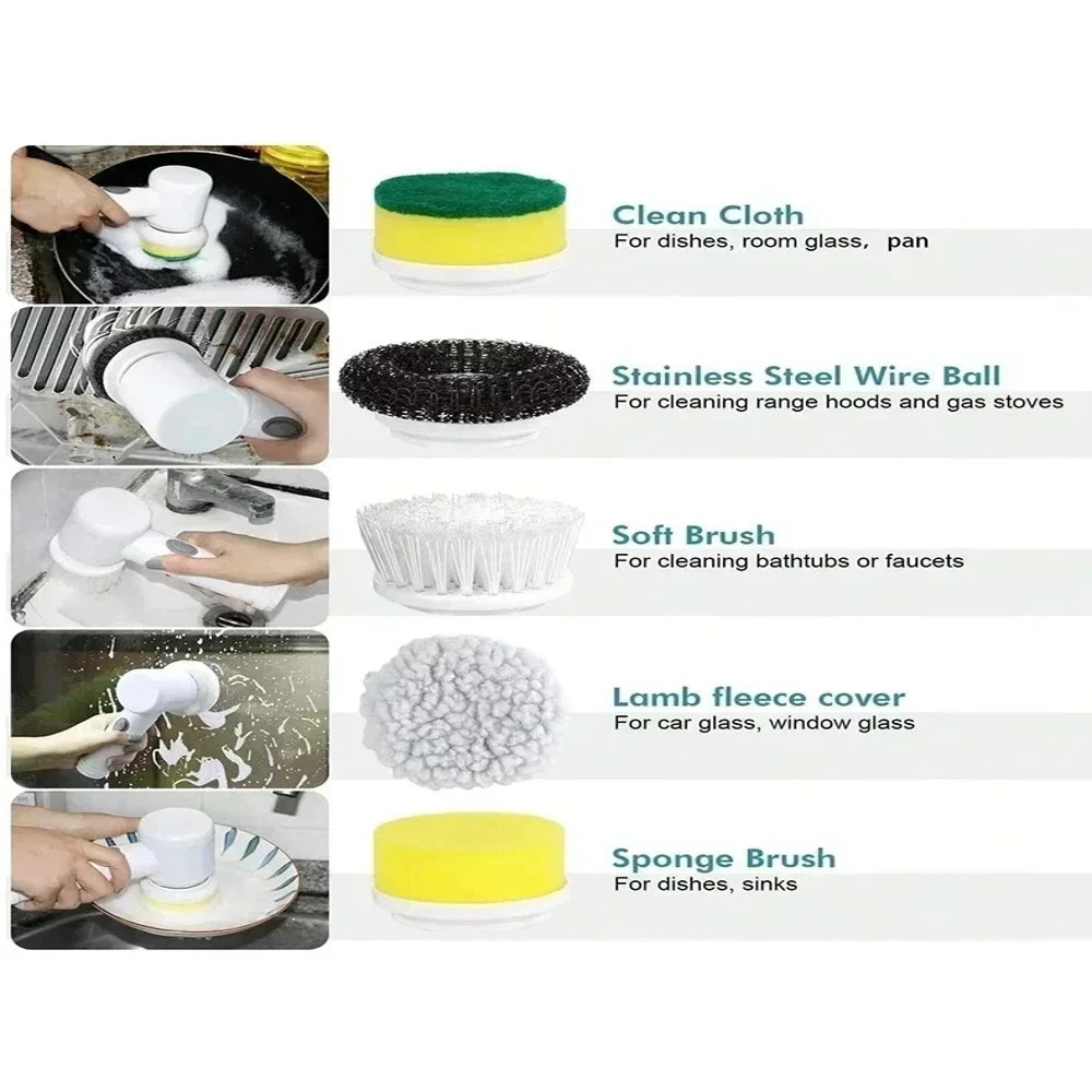 Electric Spin Scrubber Cordless Cleaning Brush Rechargeable 5 Brush Heads