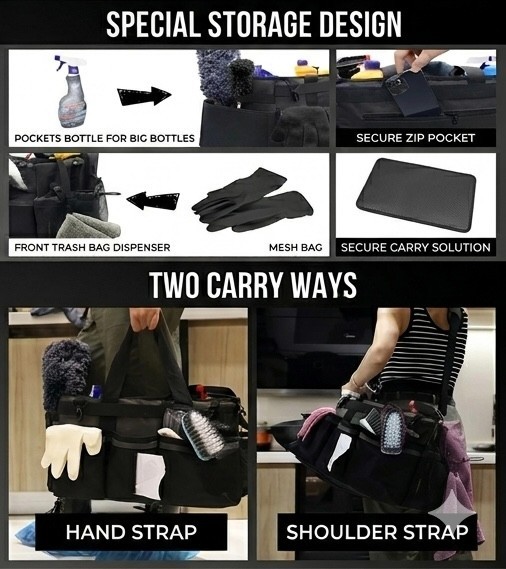 Cleaning Caddy Bag with spray bottle & Towls,Shoulder strap & waist belt.Black