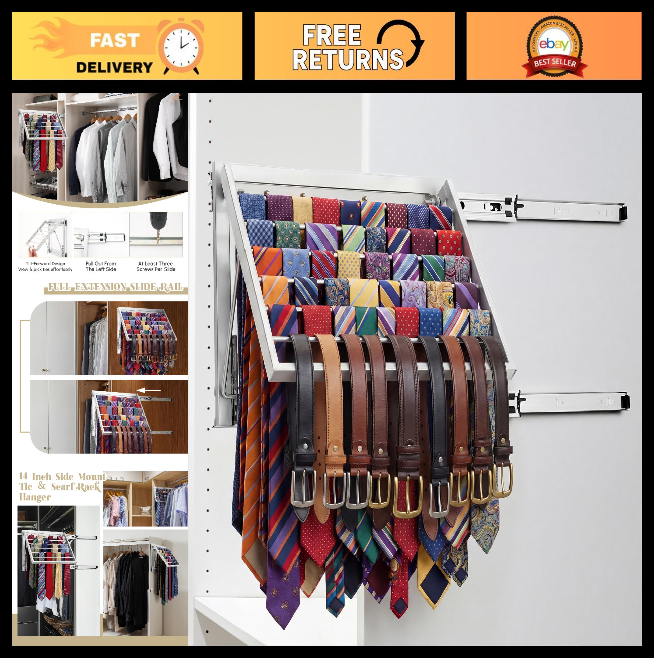 13.8″ Sliding Tie Rack & Belt Organizer – Wall Mounted Metal Hanger, Silver