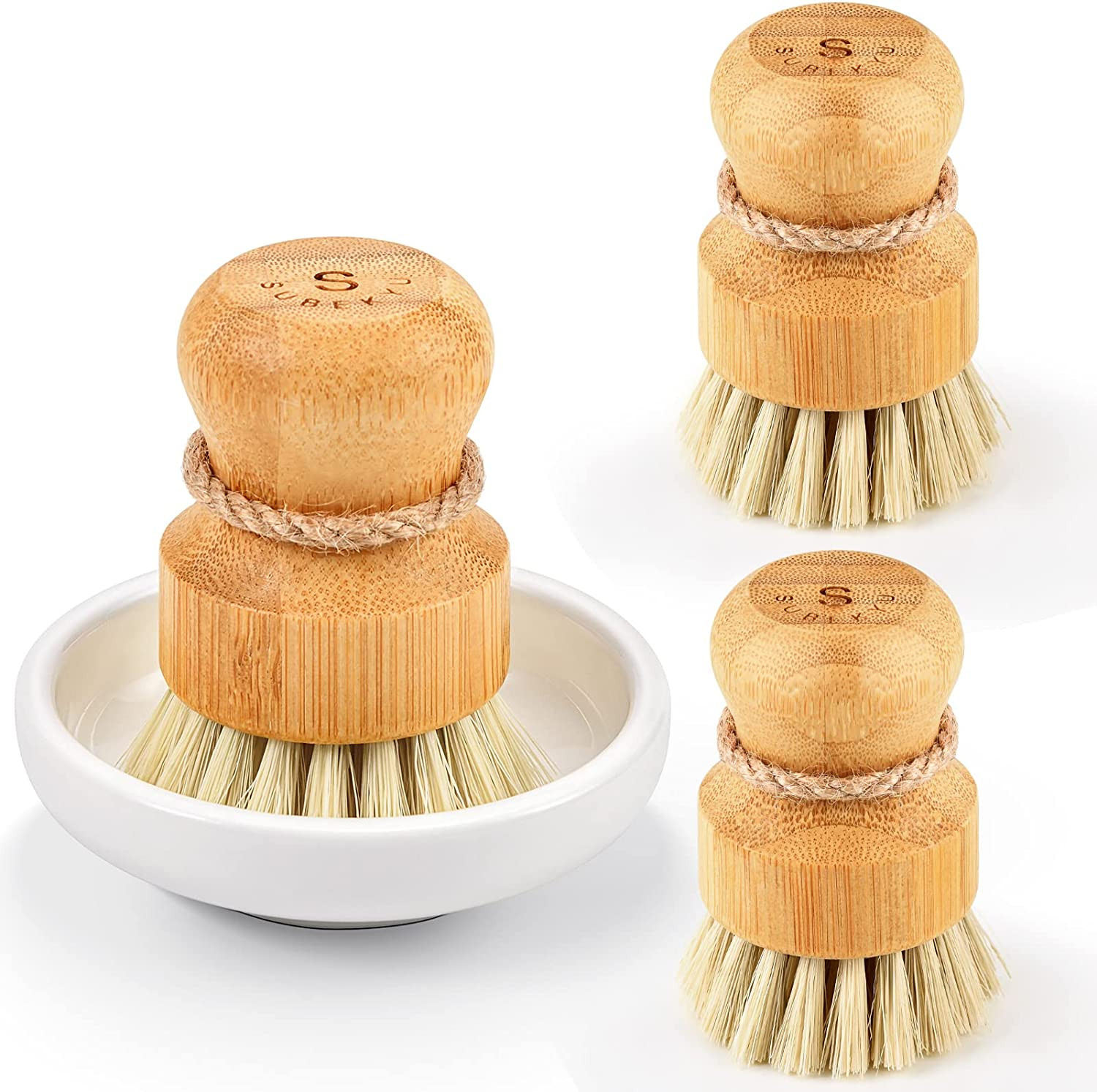 Bamboo Wooden Dish Scrub Brushes Natural Sisal Bristles Set of 3[1][2][3]