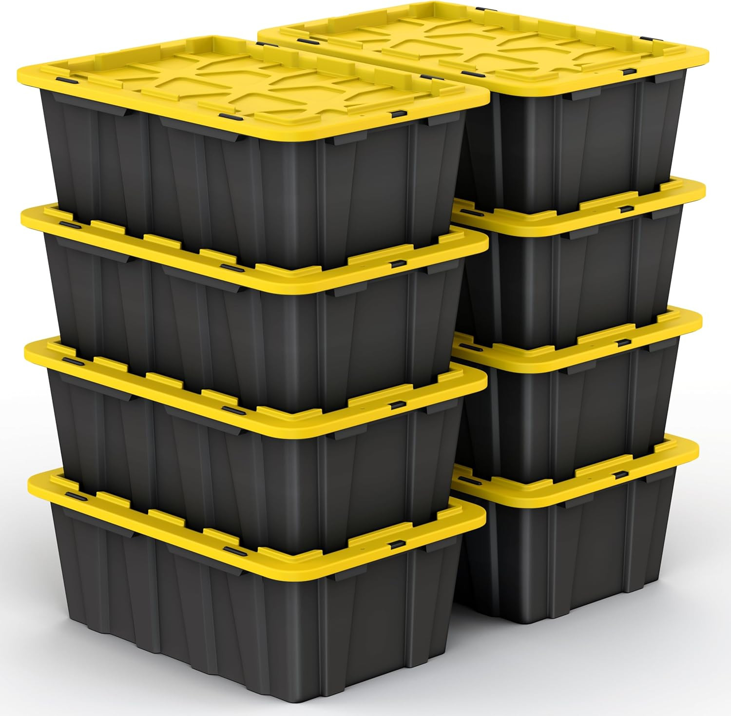 12 Gallon Black & Yellow Storage Bins – 8 Pack, Stackable & Durable Totes