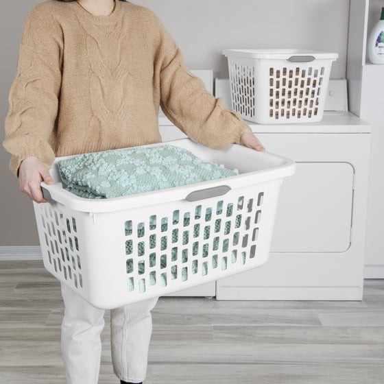 Sterilite 2 Bushel Large Plastic Laundry Basket 4 Comfort Grip Handles, White