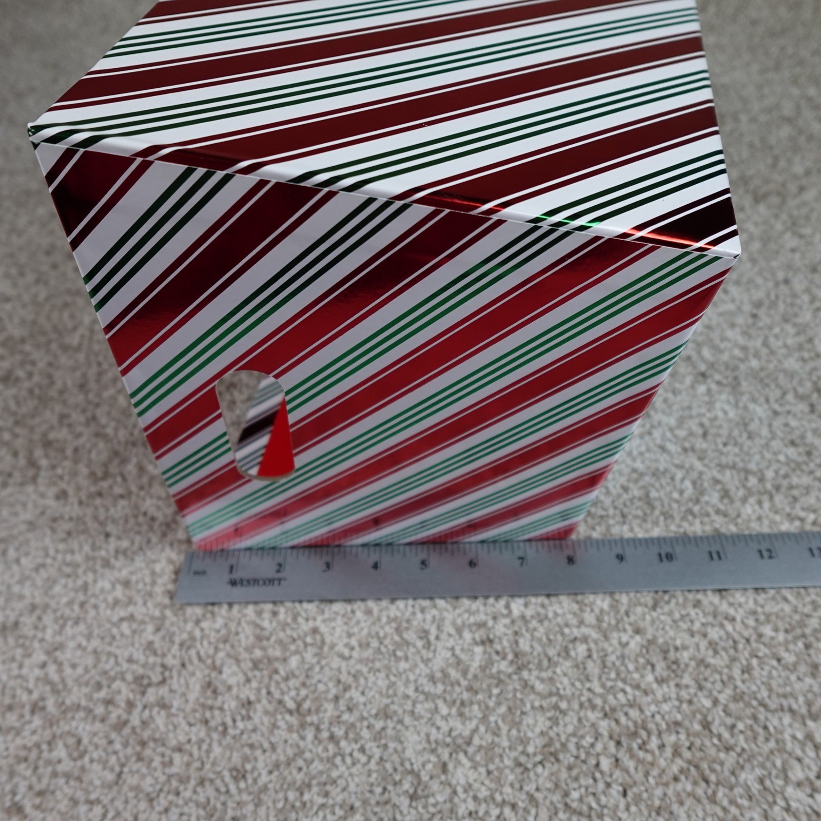 Holiday Christmas Candy Cane Striped Storage Bin Red Green White Foil Basket