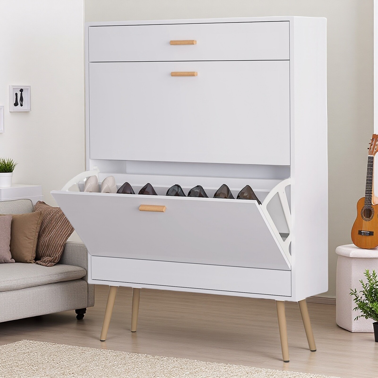 White 2 Flip Drawers Shoe Cabinet, Luxury Shoe Storage & Shoe Rack