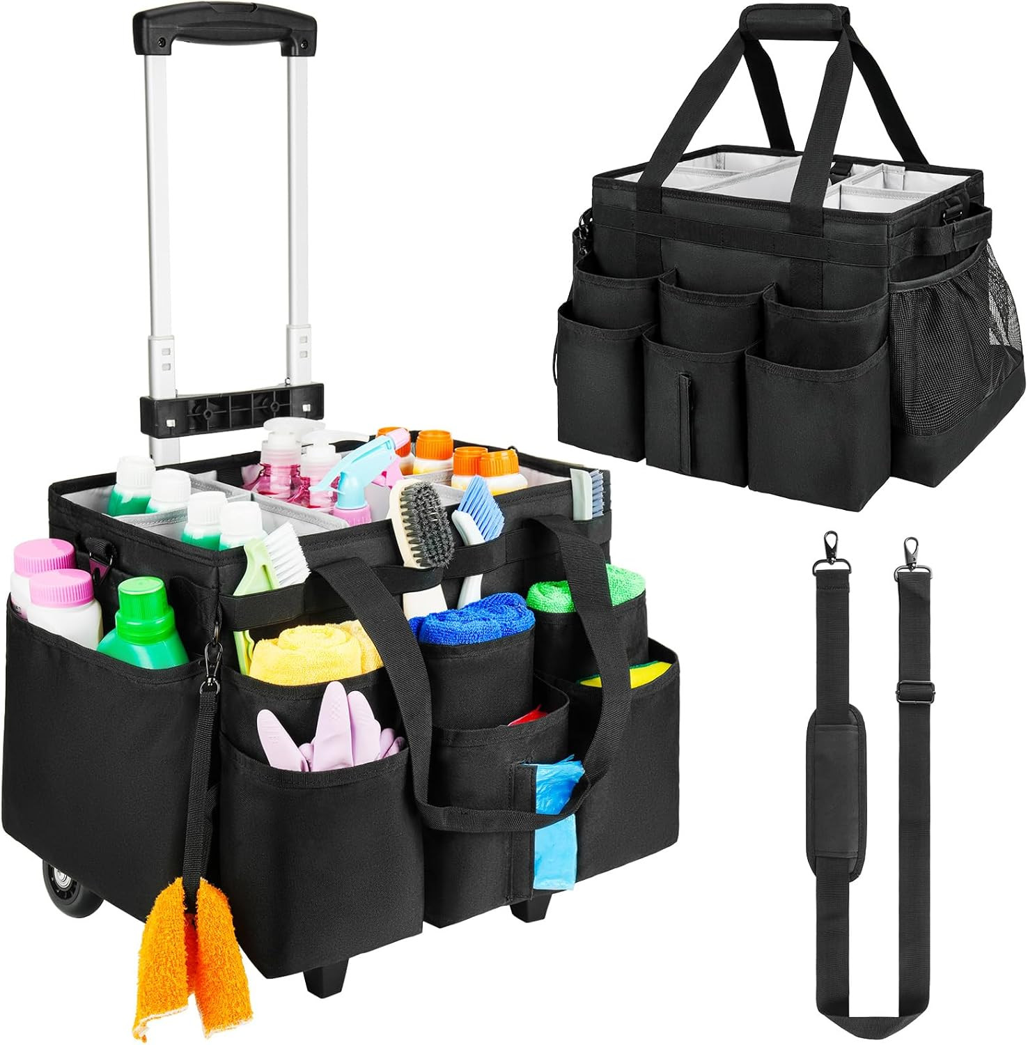 Large Rolling Cleaning Caddy Bag with Detachable Trolley,Cleaning Cart on Wheels