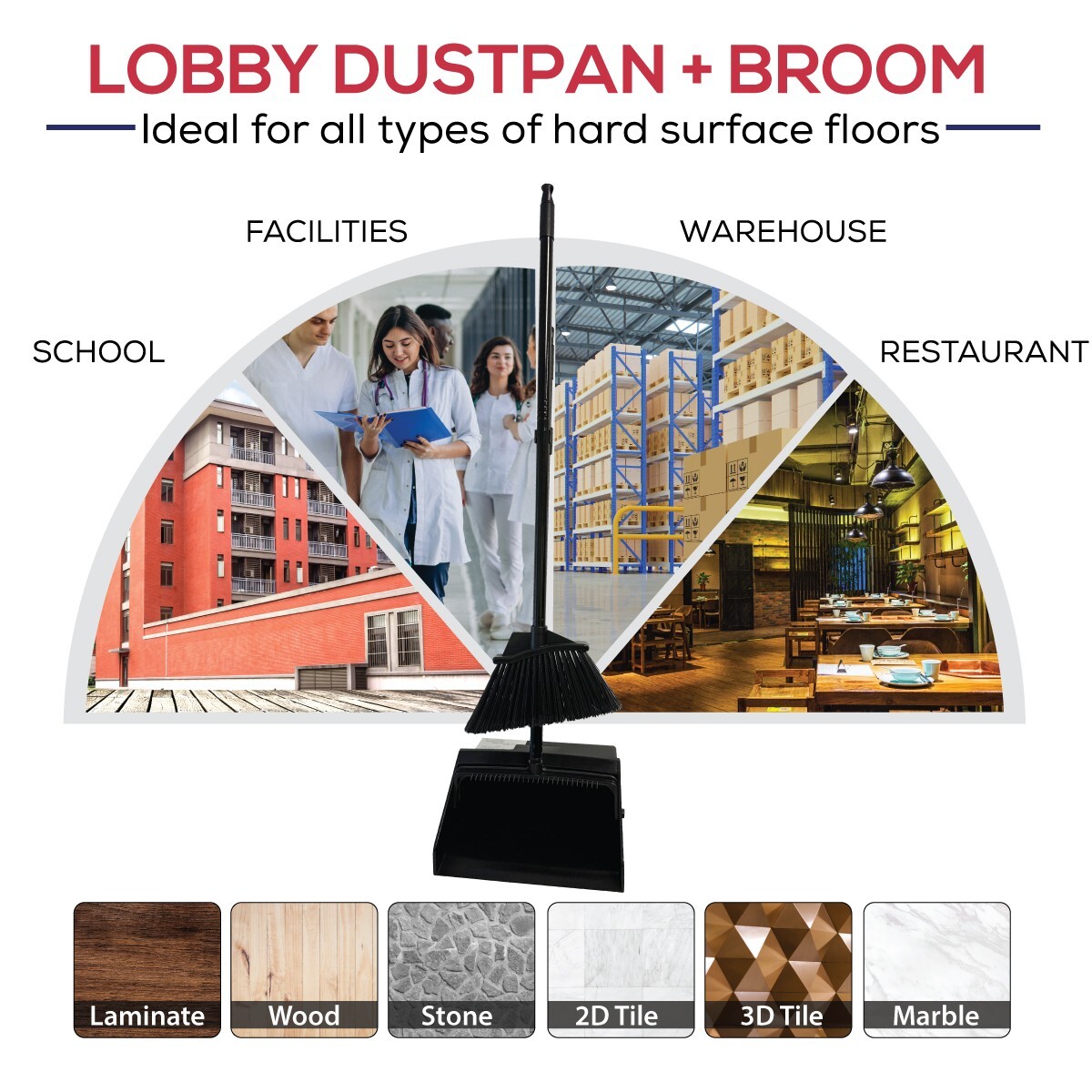 38″ Upright Lobby Broom and Dustpan Set for Home & Commercial Use, Black, 1 Set