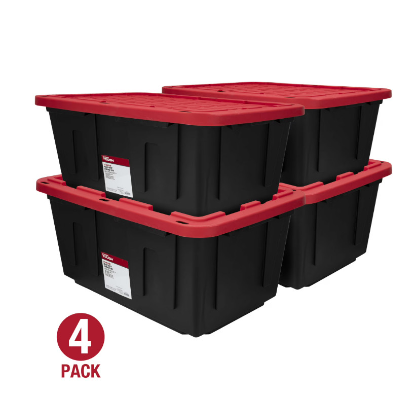 (Pack of 4) Hyper Tough 27 Gallon Large Storage Bin with Snap Lid, Black and Red