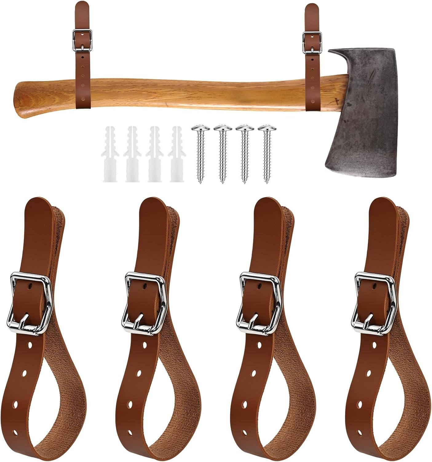 4PCS Wall Hanging Leather Axe Hangers,Adjustable Belt Buckle,Wall Mount Display