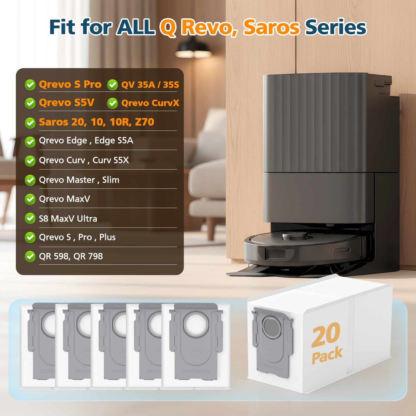 20 Pack QRevo Dust Bags for Roborock Qrevo S Pro QV 35A Qrevo S5V and for Saros