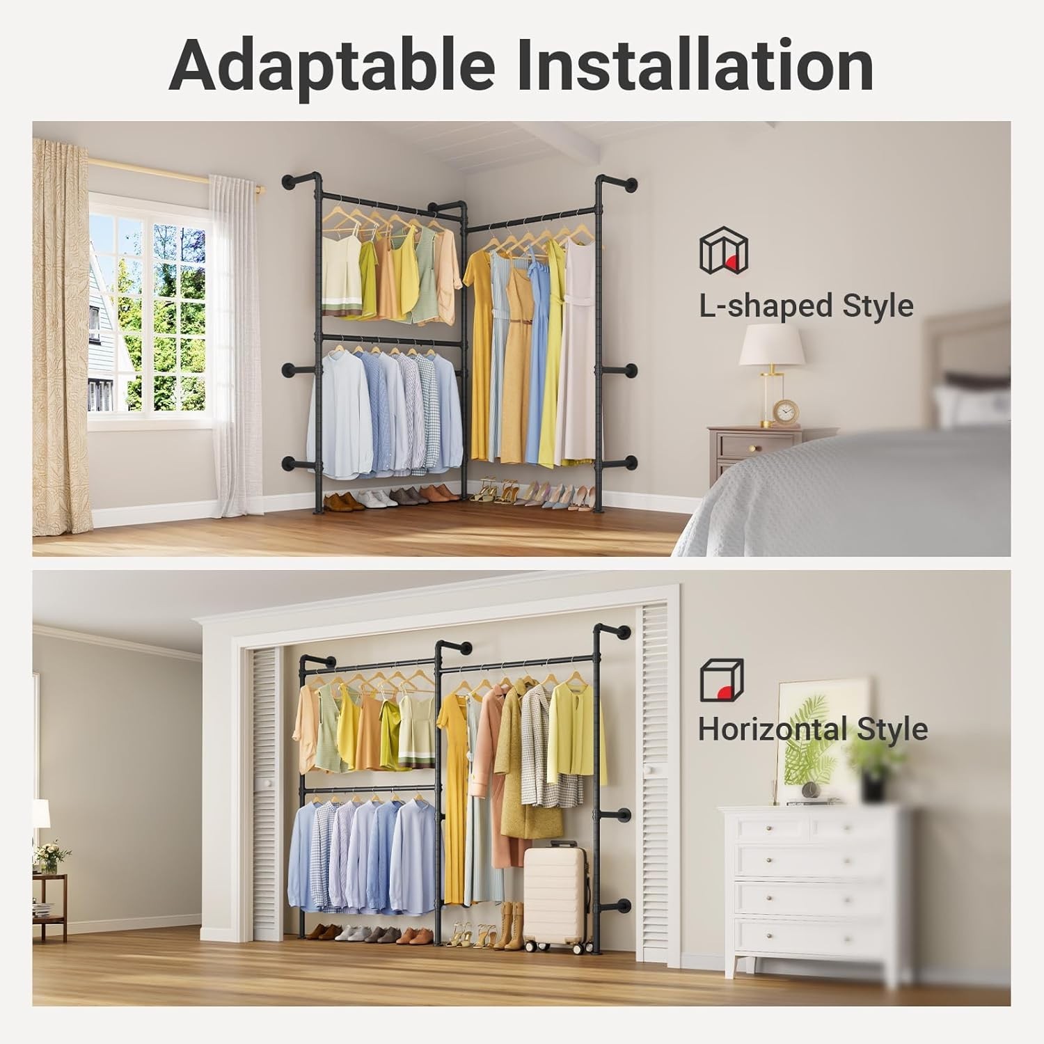 Industrial Pipe Clothes Rack Wall Mounted Open Closet System with 3 Hanging Rods