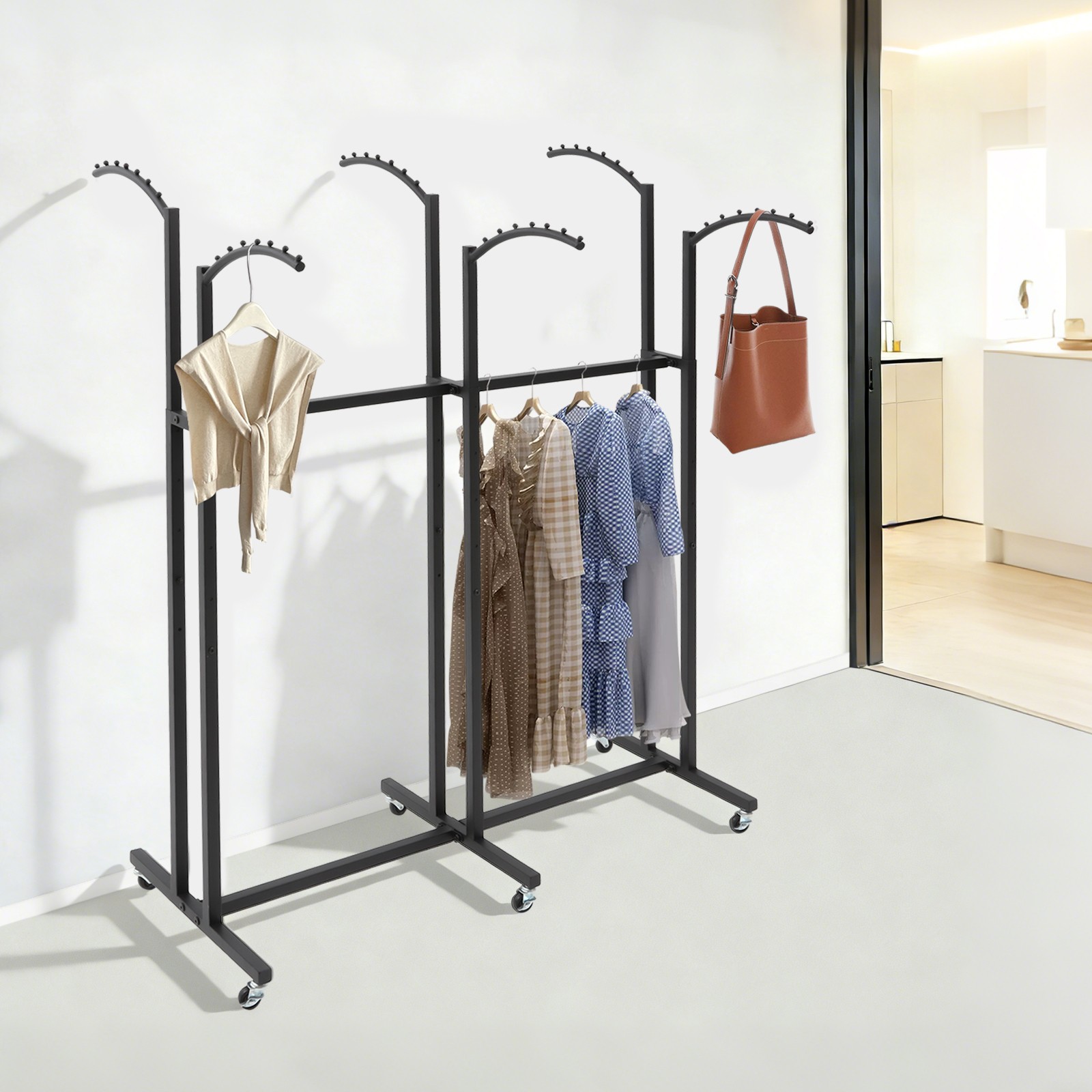 Black 6 Arms Clothing Display Rack With Wheels, 55.12-70.87in Adjustable Height