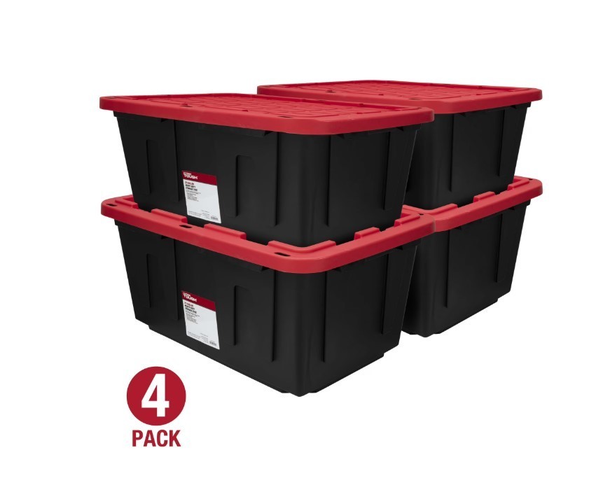 4 Pack Hyper Tough 27 Gal Storage Tote Snap Lid Container Red Lid