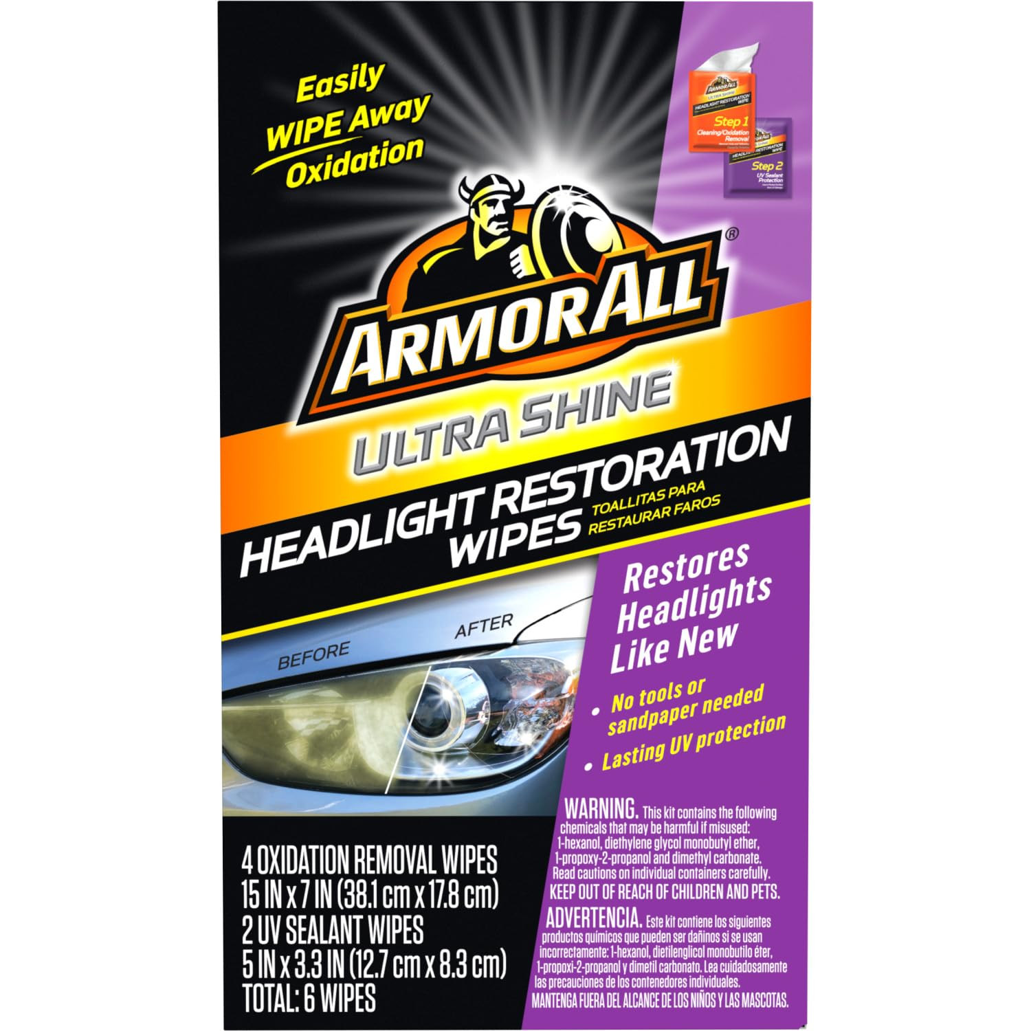 Armor All Ultra Shine Headlight Restoration Wipes 6 Count UV Protection
