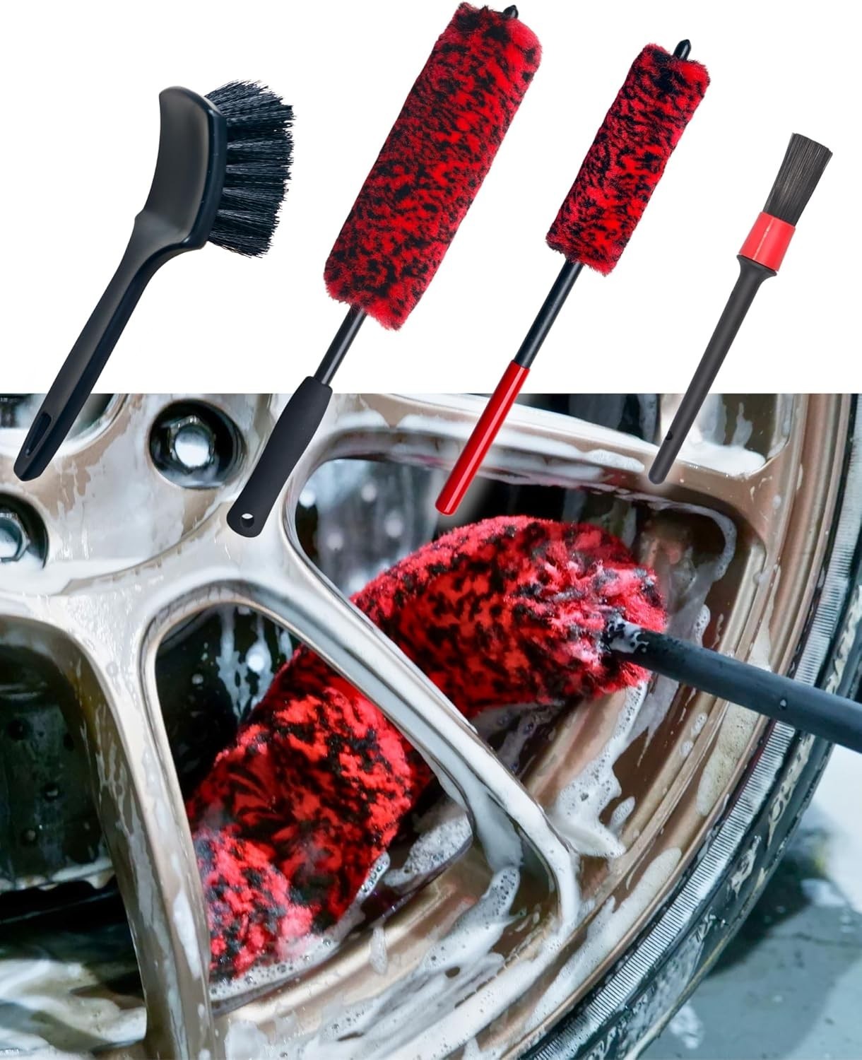 Professional 4 Pack Long Handle Wheel Brush Kit for Cleaning Wheel and Tire- …
