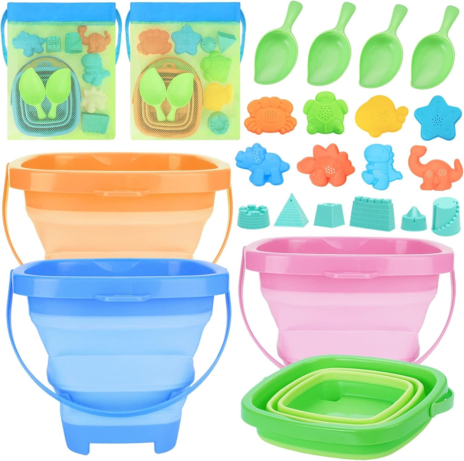 Beach Toys with 4 Collapsible Buckets, Sand Molds for Kids 3-12 | 2 Mesh Bags,