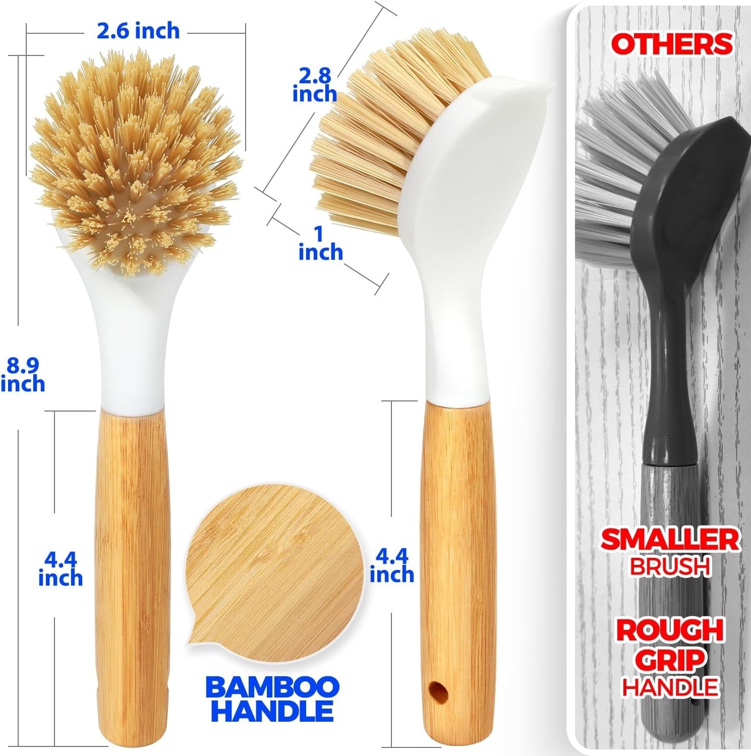 1/3 Pack Dish Brush Set with Bamboo Handle Kitchen Scrub Brush for Cleaning Dish