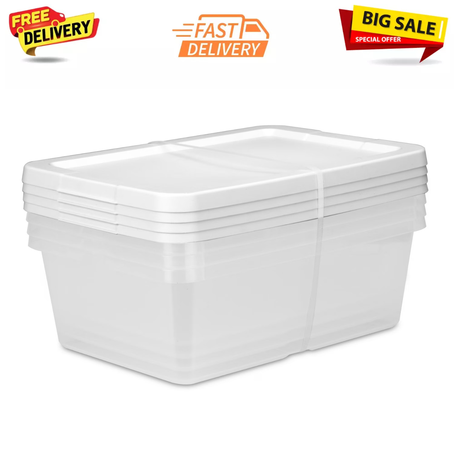 (Set of 4) Sterilite 12 Qt. Clear Plastic Storage Boxes with Snap-On Lid, White