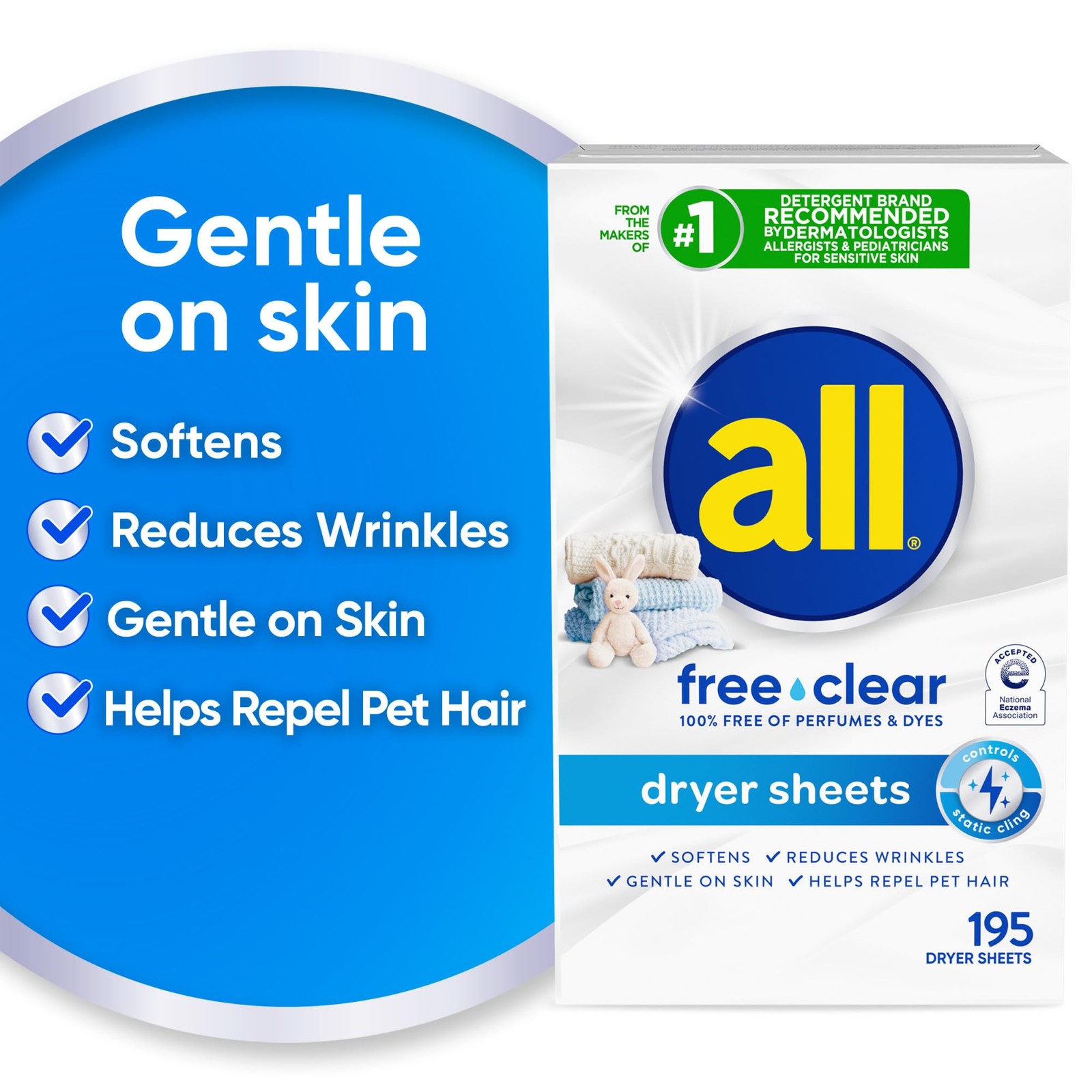 all free clear Fabric Softener Dryer Sheets for Sensitive Skin, 195 Count