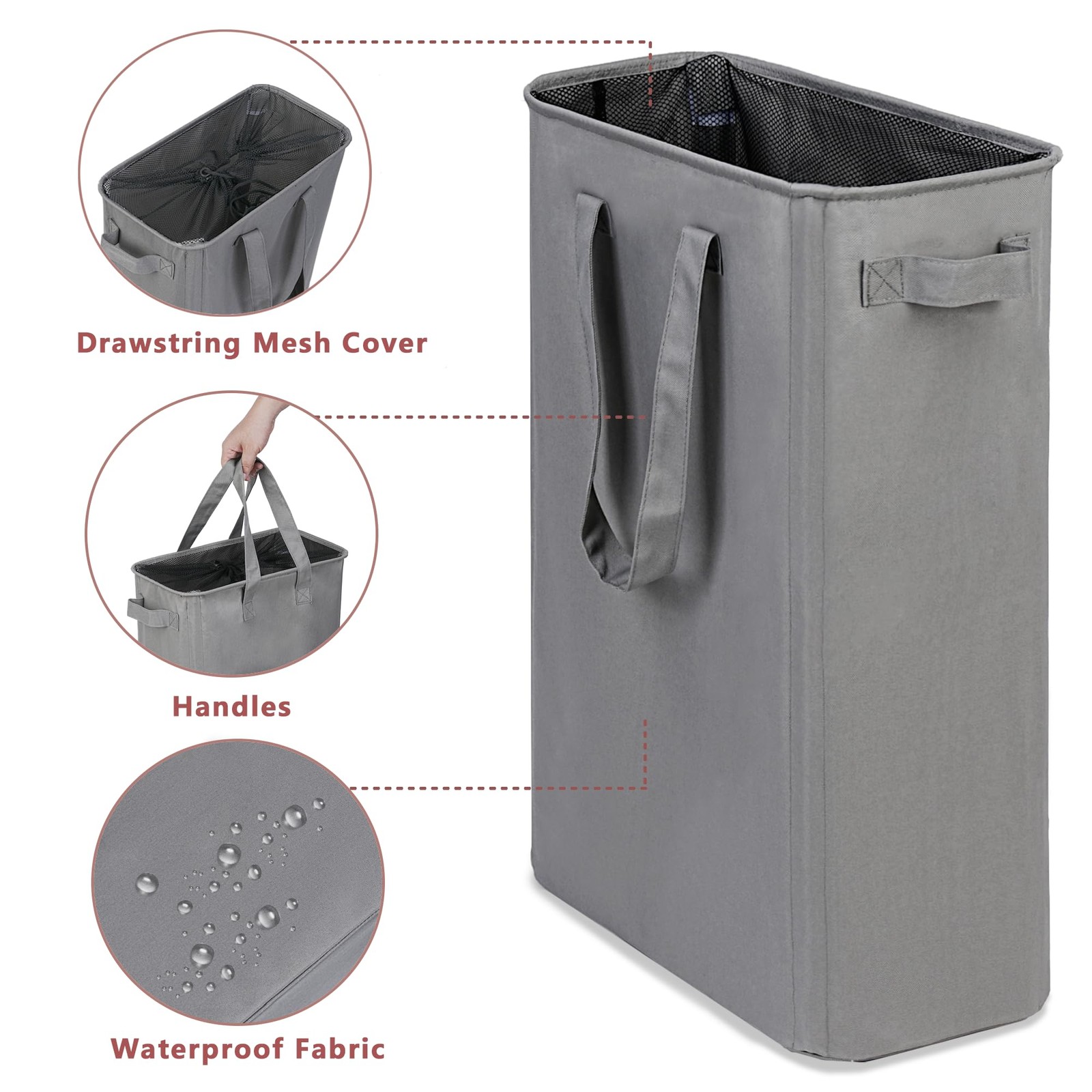 efluky Slim Laundry Basket, Narrow Hamper with 48L without Lid, Grey