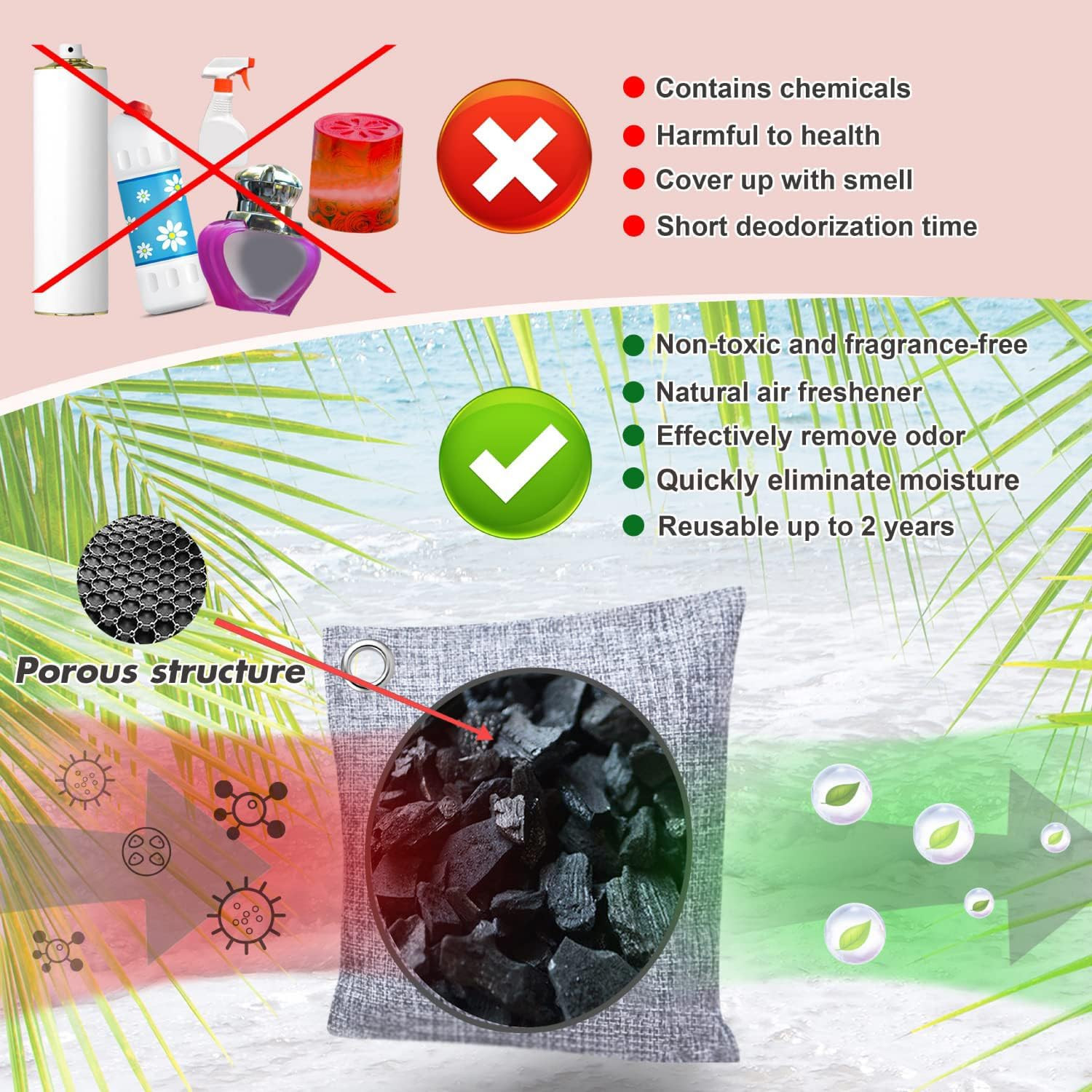 Activated Charcoal Odor Absorber Bags, 3 Pack Bamboo Deodorizer