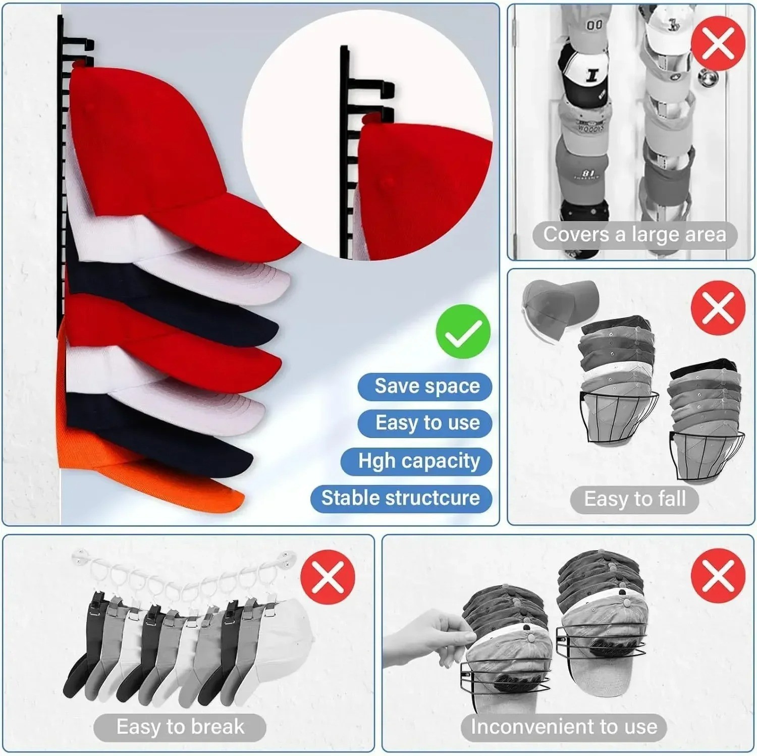 1pcs Wall-Mounted Hat Organizer Rack – 10 Grids Space-Saving Hat Hanger – NEW