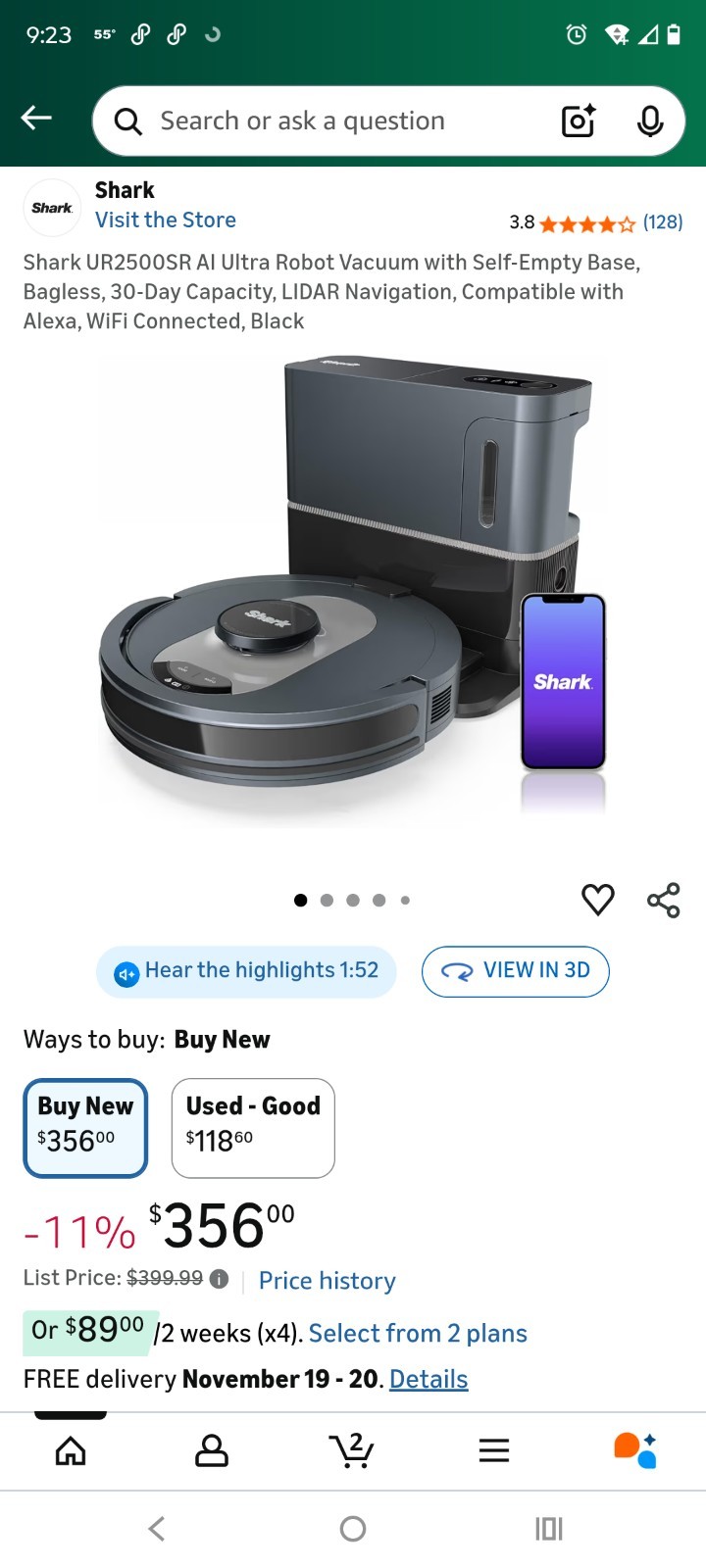 Shark AV2501S AI Ultra Robot Vacuum With HEPA Self-Empty Base Bagless