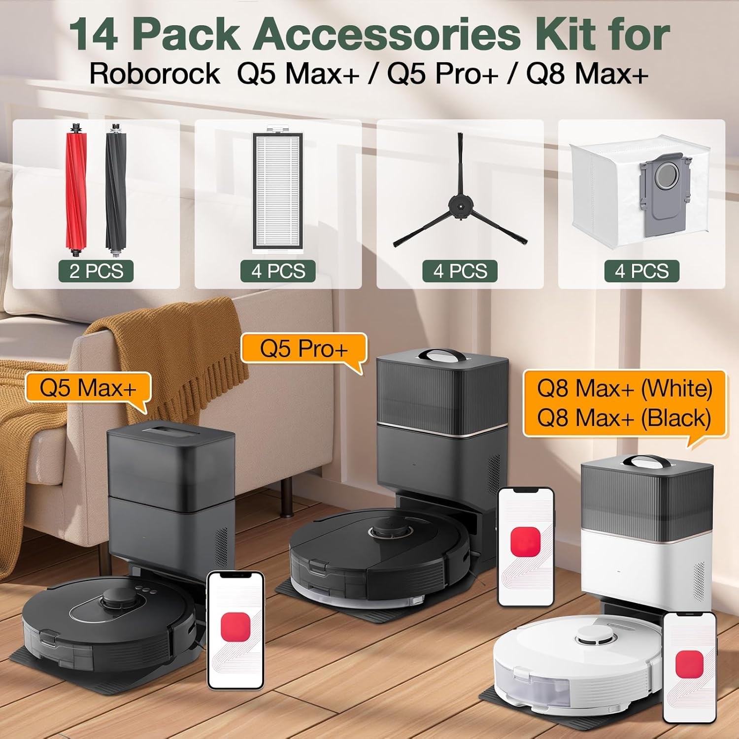 14 Pack for Roborock Q5 Max+,Q5 DuoRoller+,Q5 Pro+, Q8 Max+ Robot Vacuum Cleaner