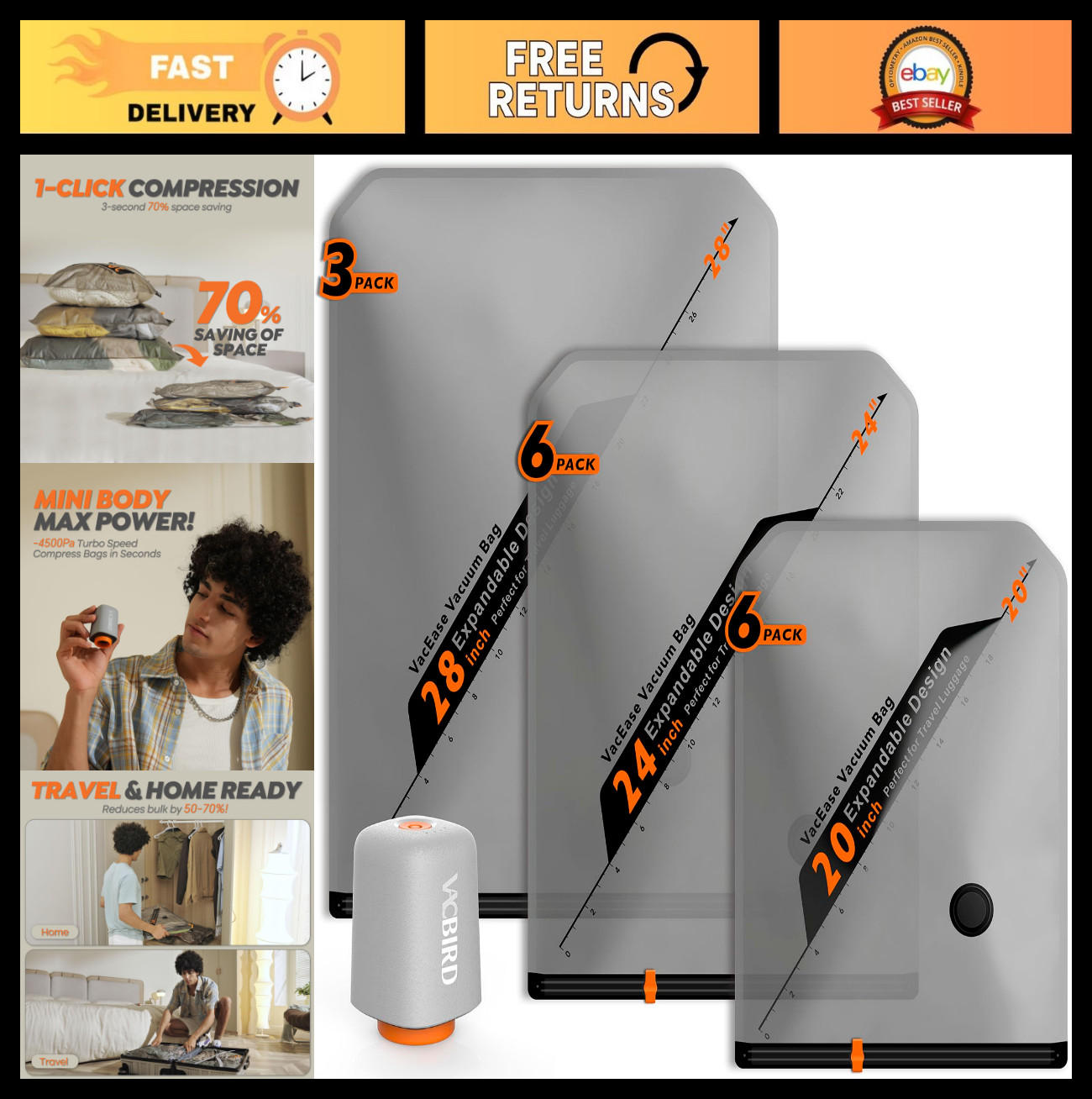 Rechargeable Wireless Vacuum Pump & Space Saver Bags Set – 15 Combo for Travel &