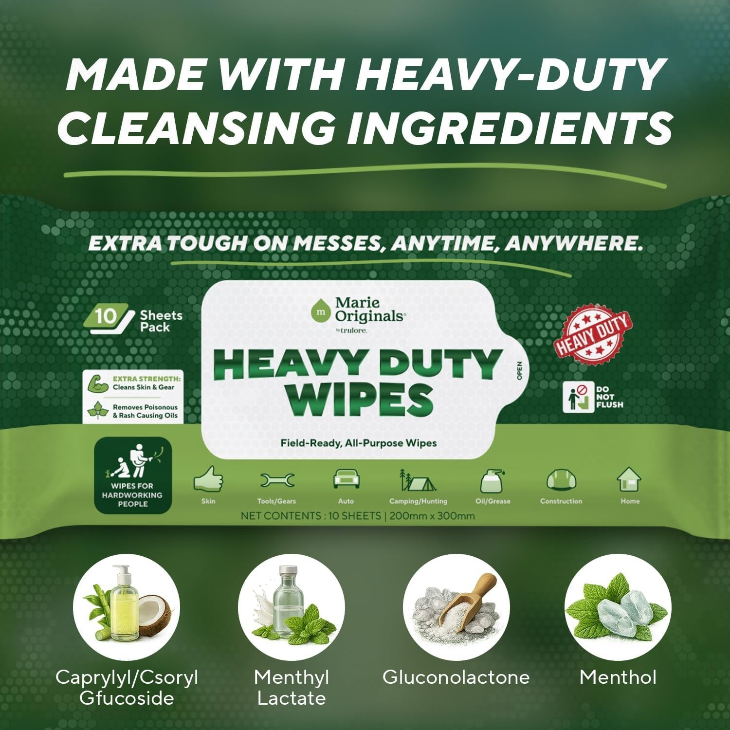 Marie Originals Heavy Duty Hand Wipes, Auto Mechanic, Outdoor Wipes 10ct