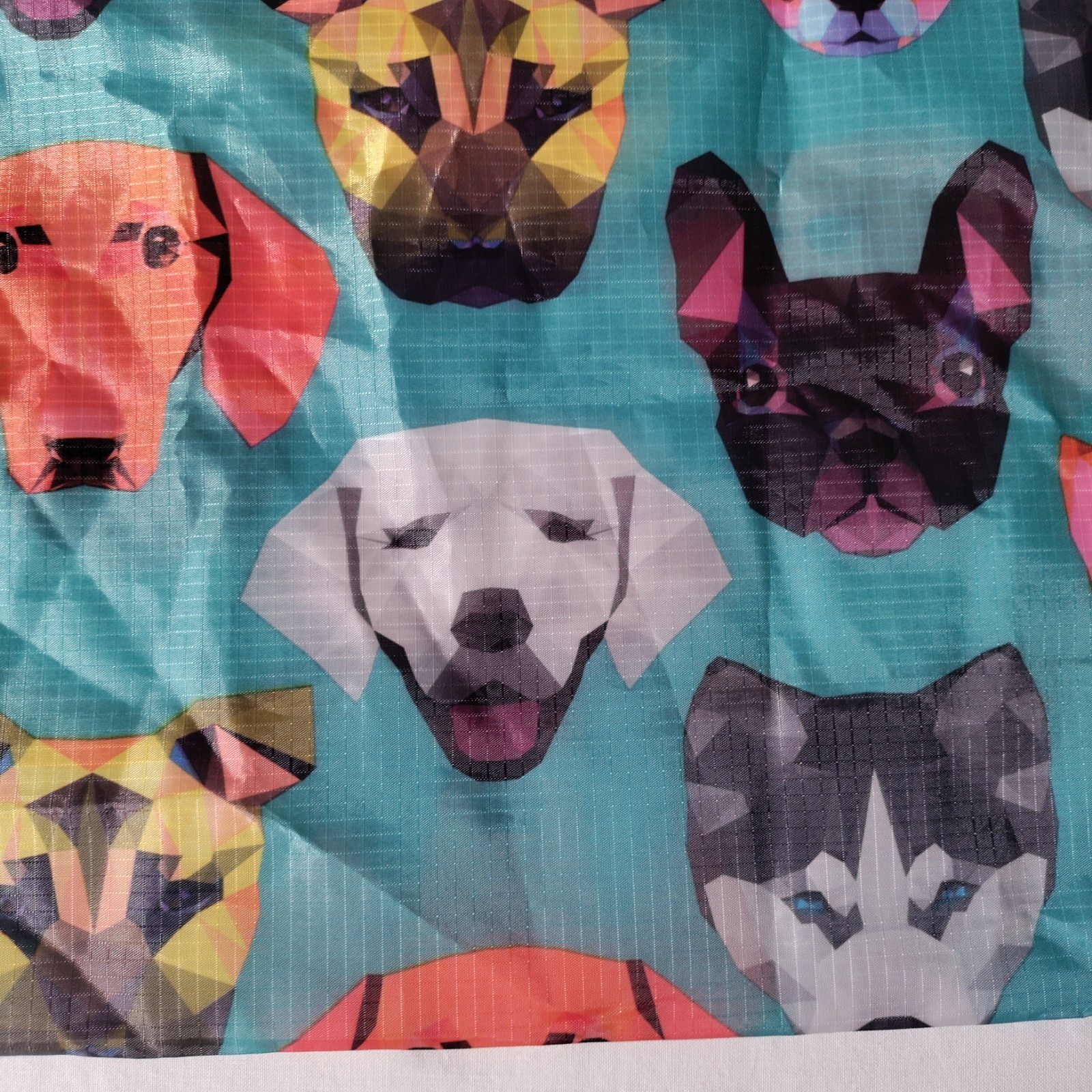 BeeGreen Reusable Nylon Shopping Teal/ Blue Tote Bag with Dog Faces All Over
