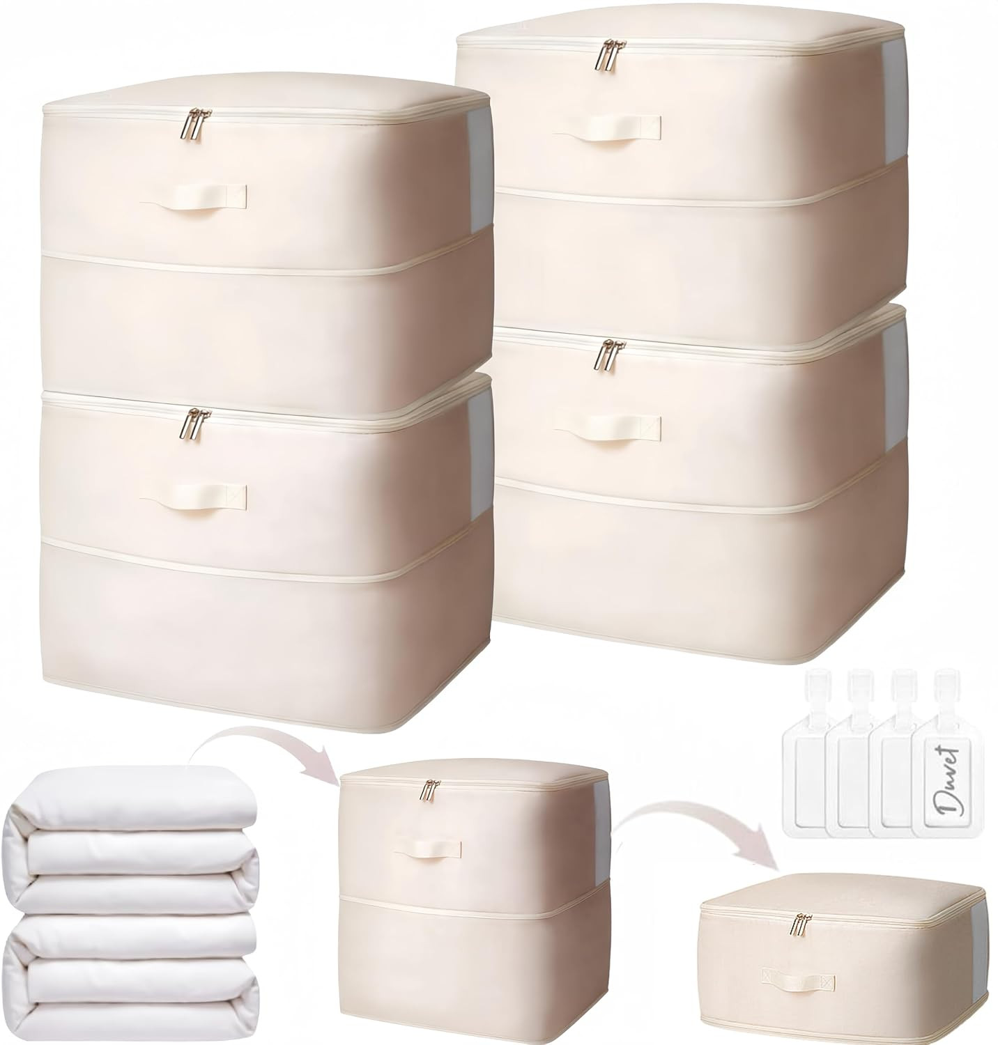 4 Pack Comforter Storage Bag, 68L Blanket Storage Bags Self Compression Comforte